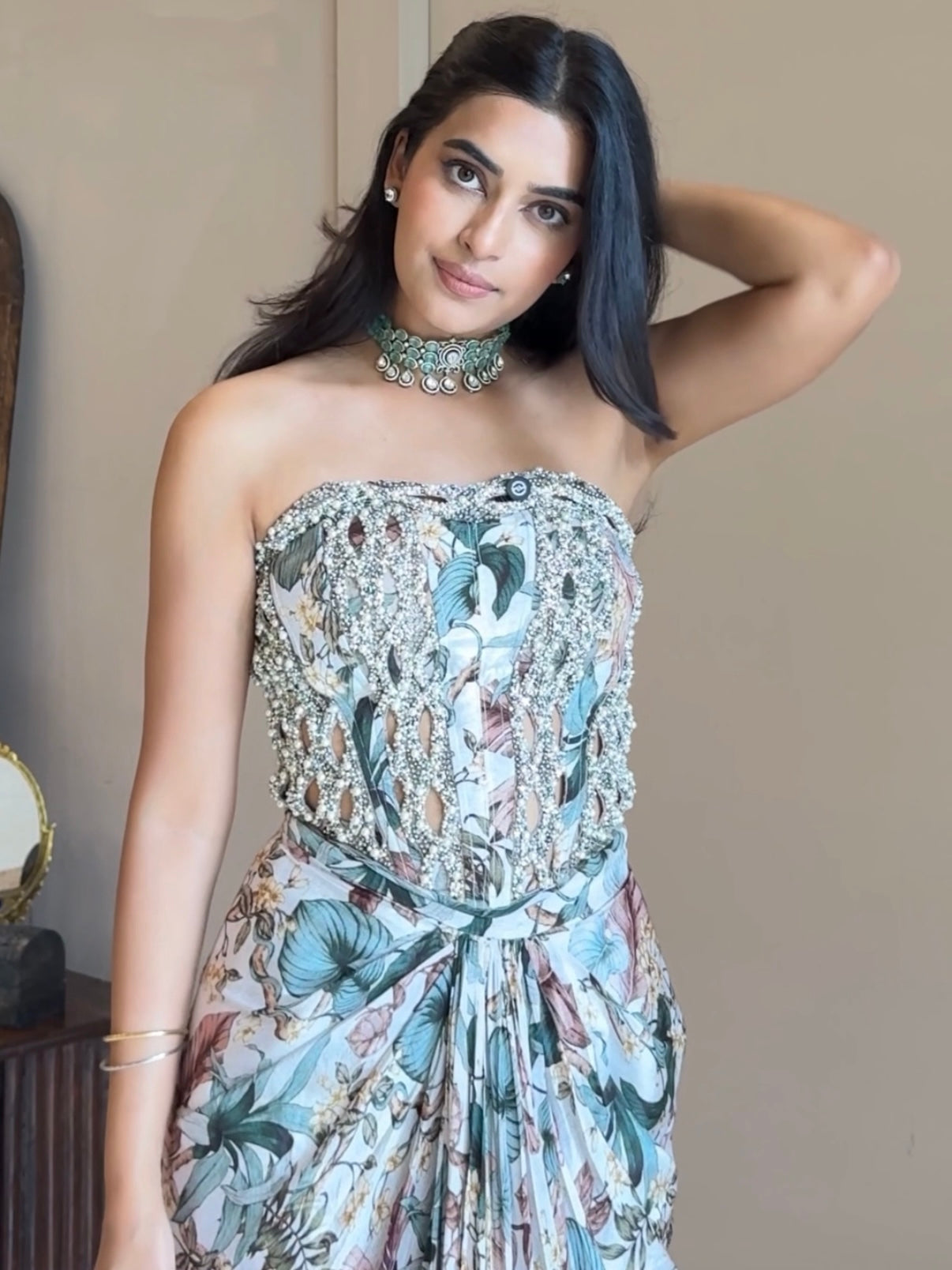 Muted Garden Corset with Drape Skirt Set