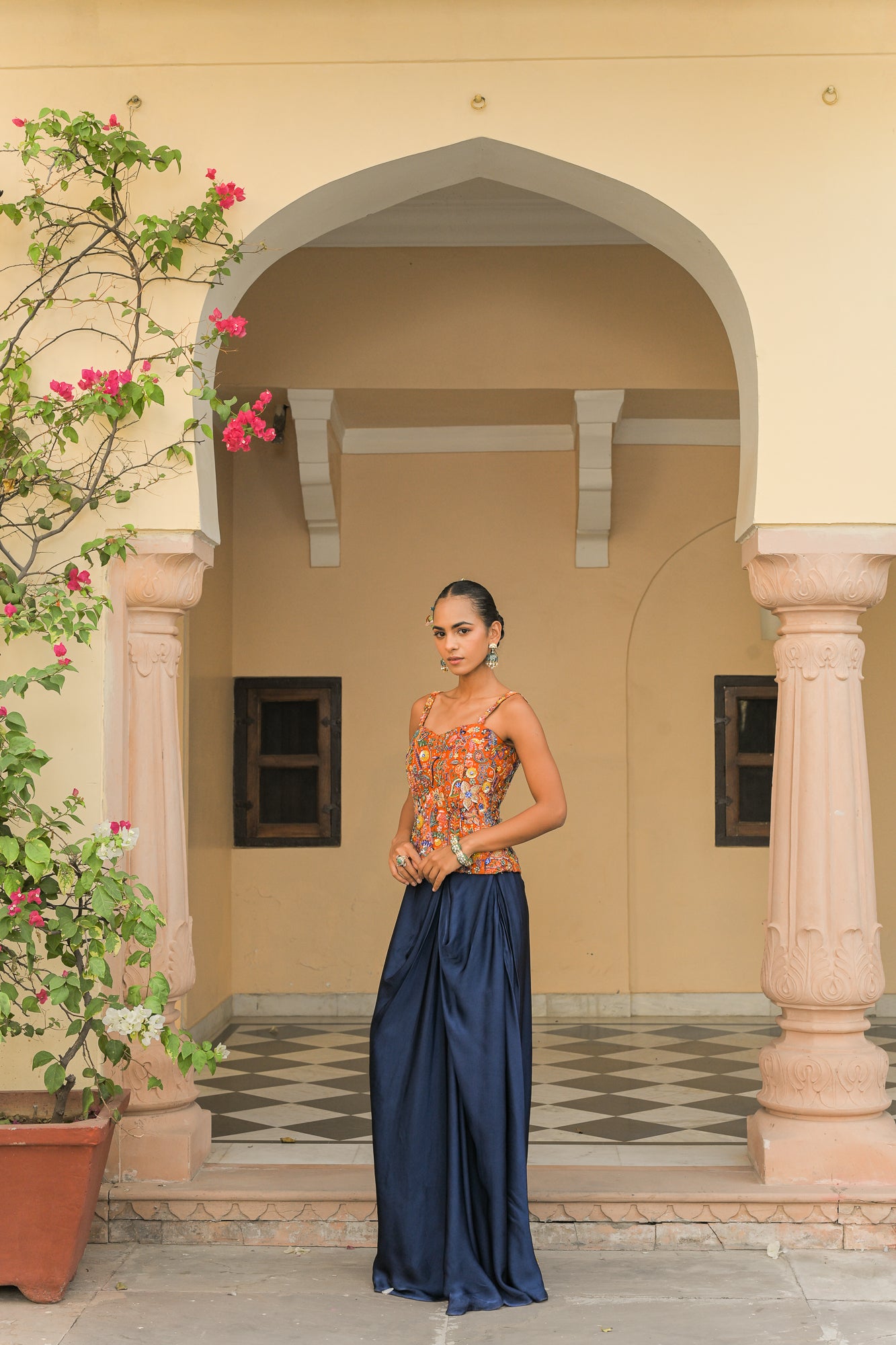 Amber Bloom Highlight Corset Paired with Navy Blue Cowl Skirt Set