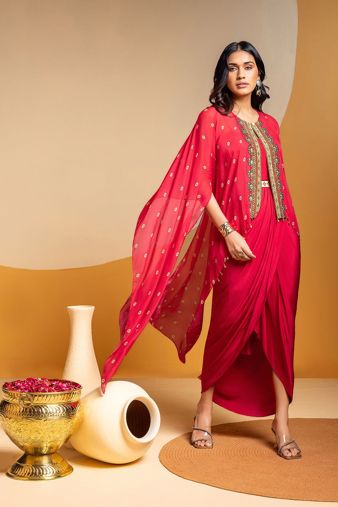 TAARANI PINK DRAPED DRESS WITH EMBROIDERED CAPE