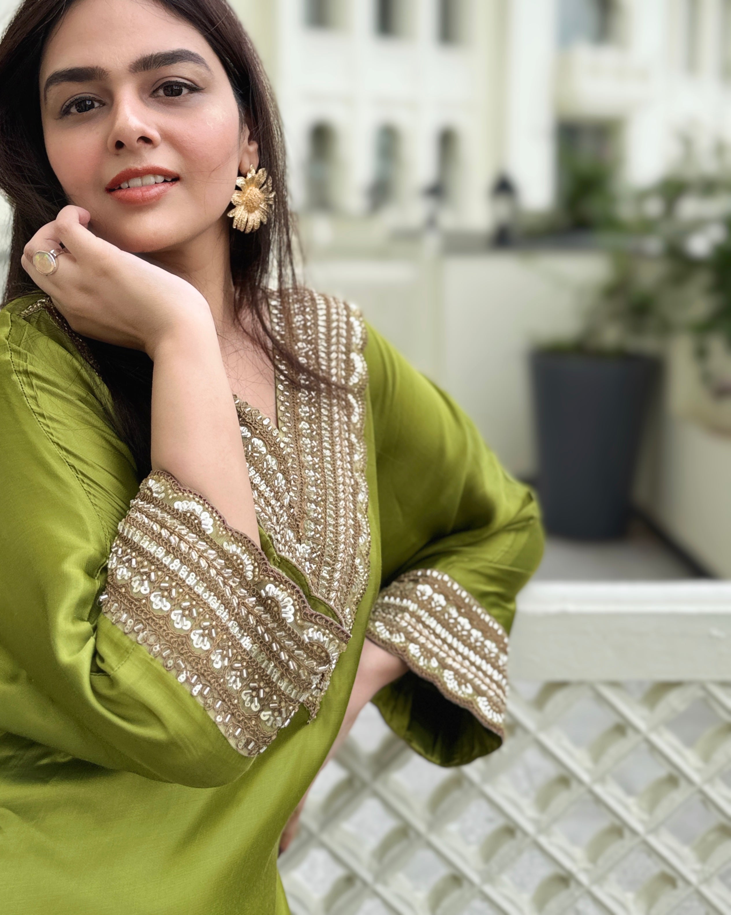 Aanchal Jain in Olive Green Hand embroidery Phiran Kurta Set