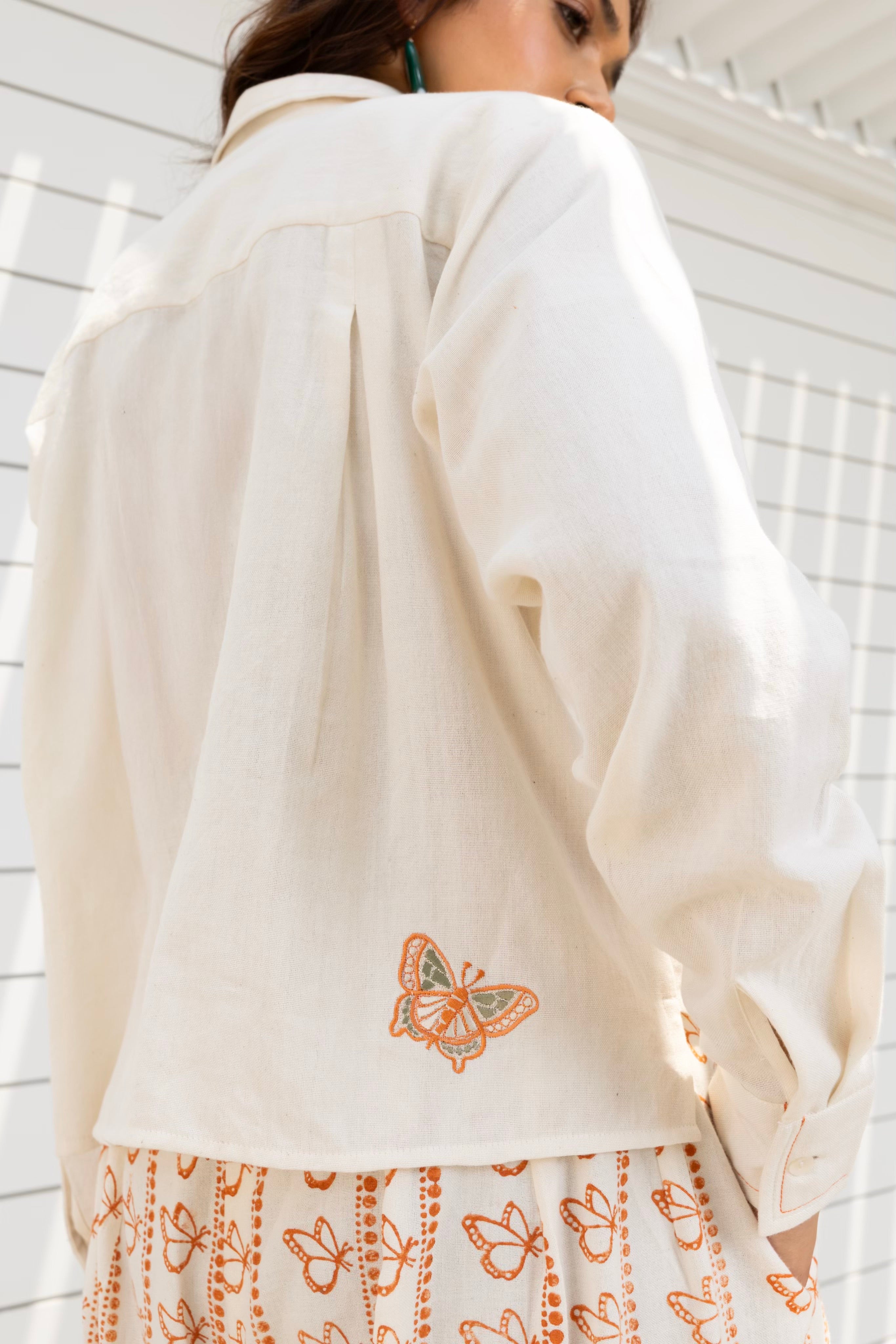 Butterfly Embroidered Cropped Shirt
