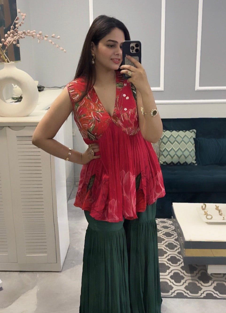 Aanchal Jain | Nargis Embroidered Peplum Top with Sharara Set