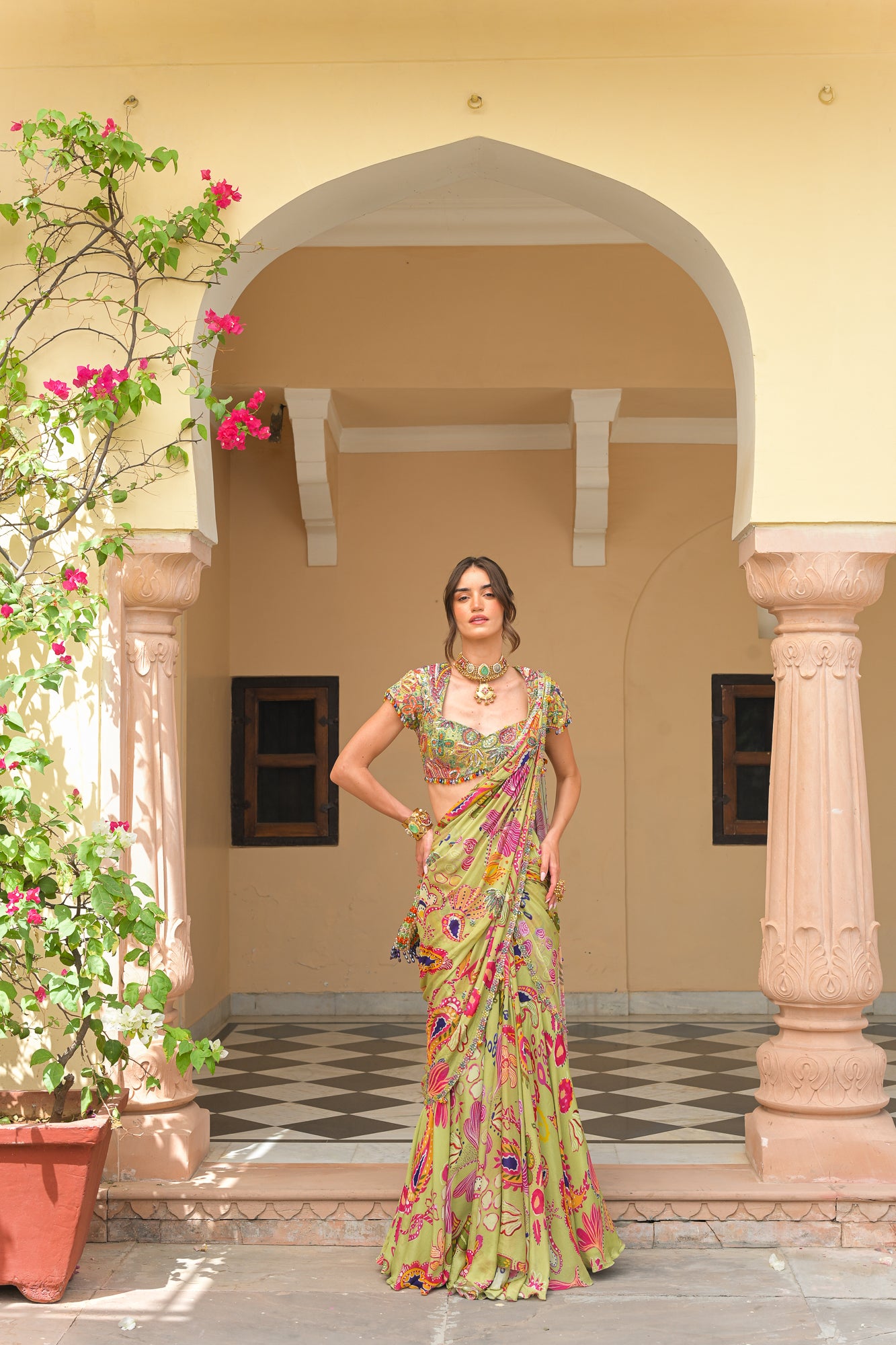 Olive Bloom Prestitched Highlight Saree with Highlight Blouse