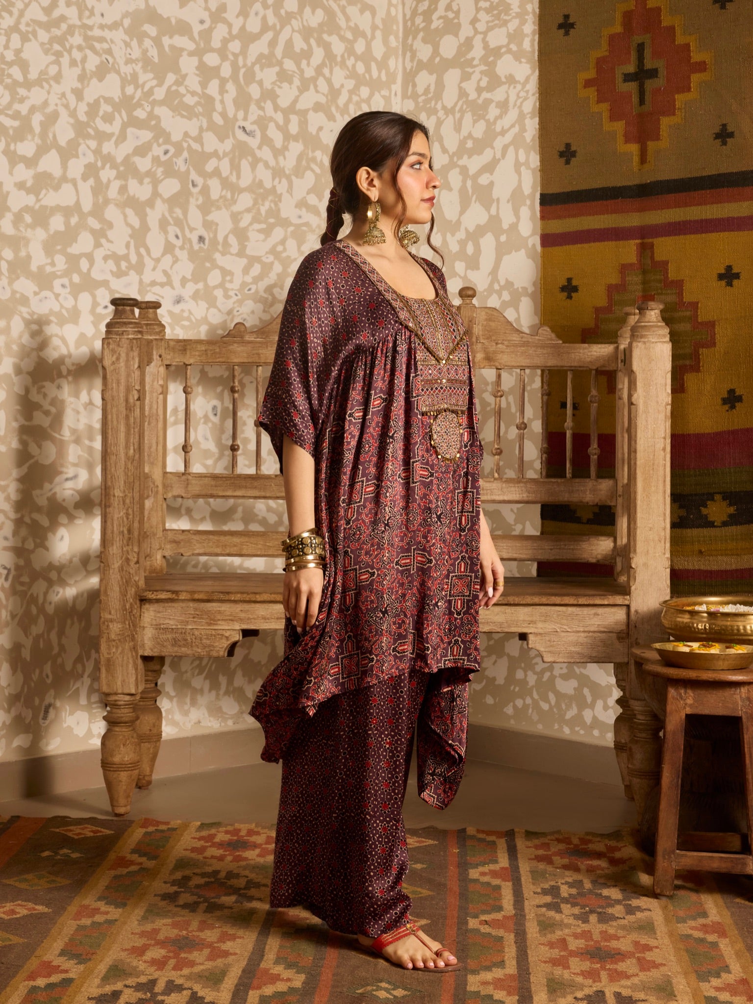 Ajrakh Red Short Kaftan Set