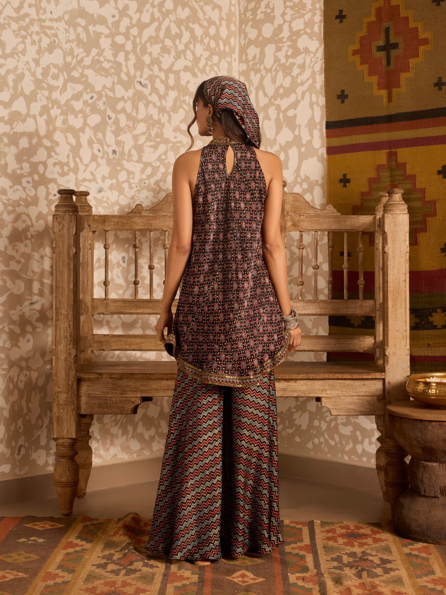 Ajrakh Halter neck tunic with sharara pants