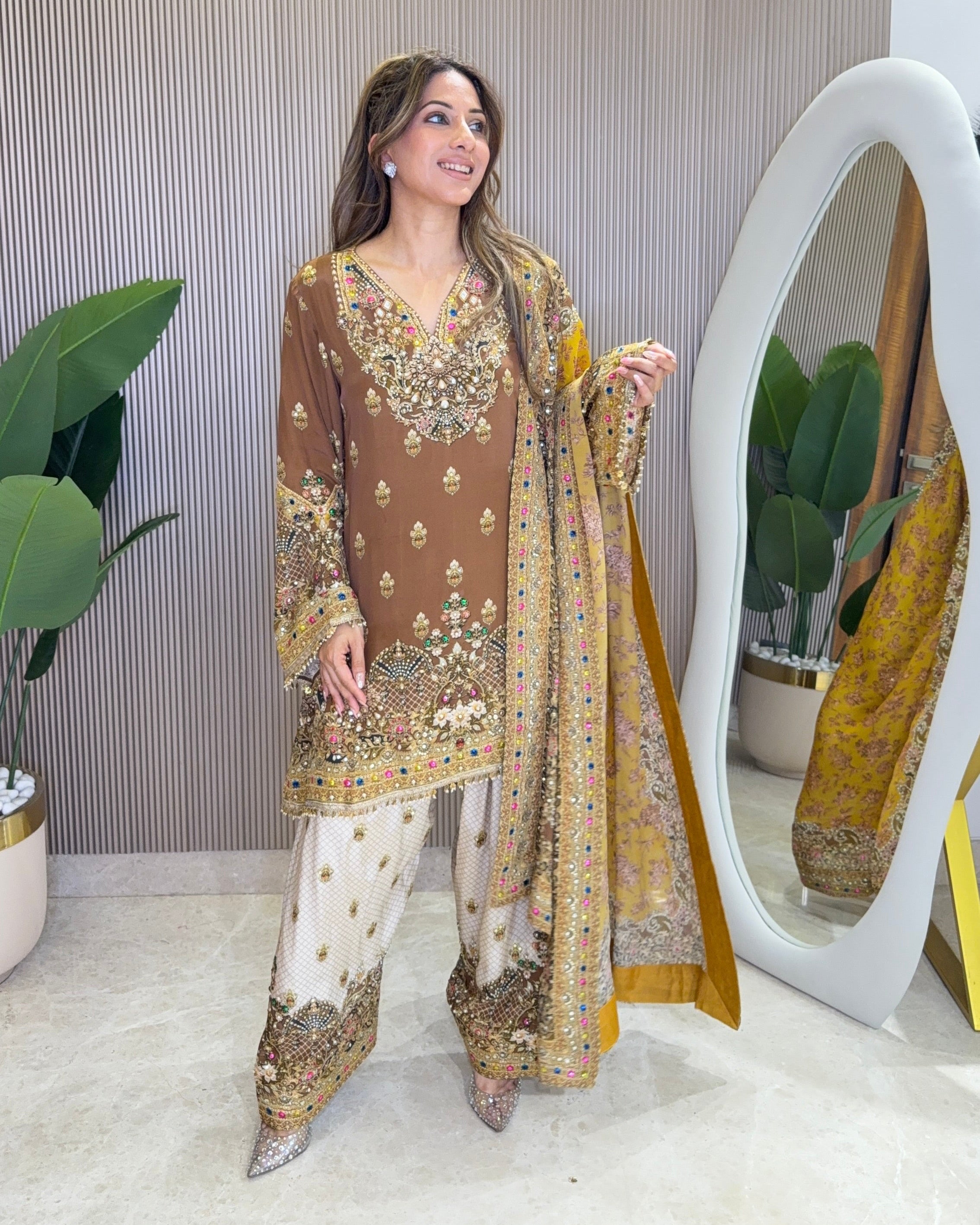 Rah Yellow - Brown Kurti with Farshi Salwar & Dupatta