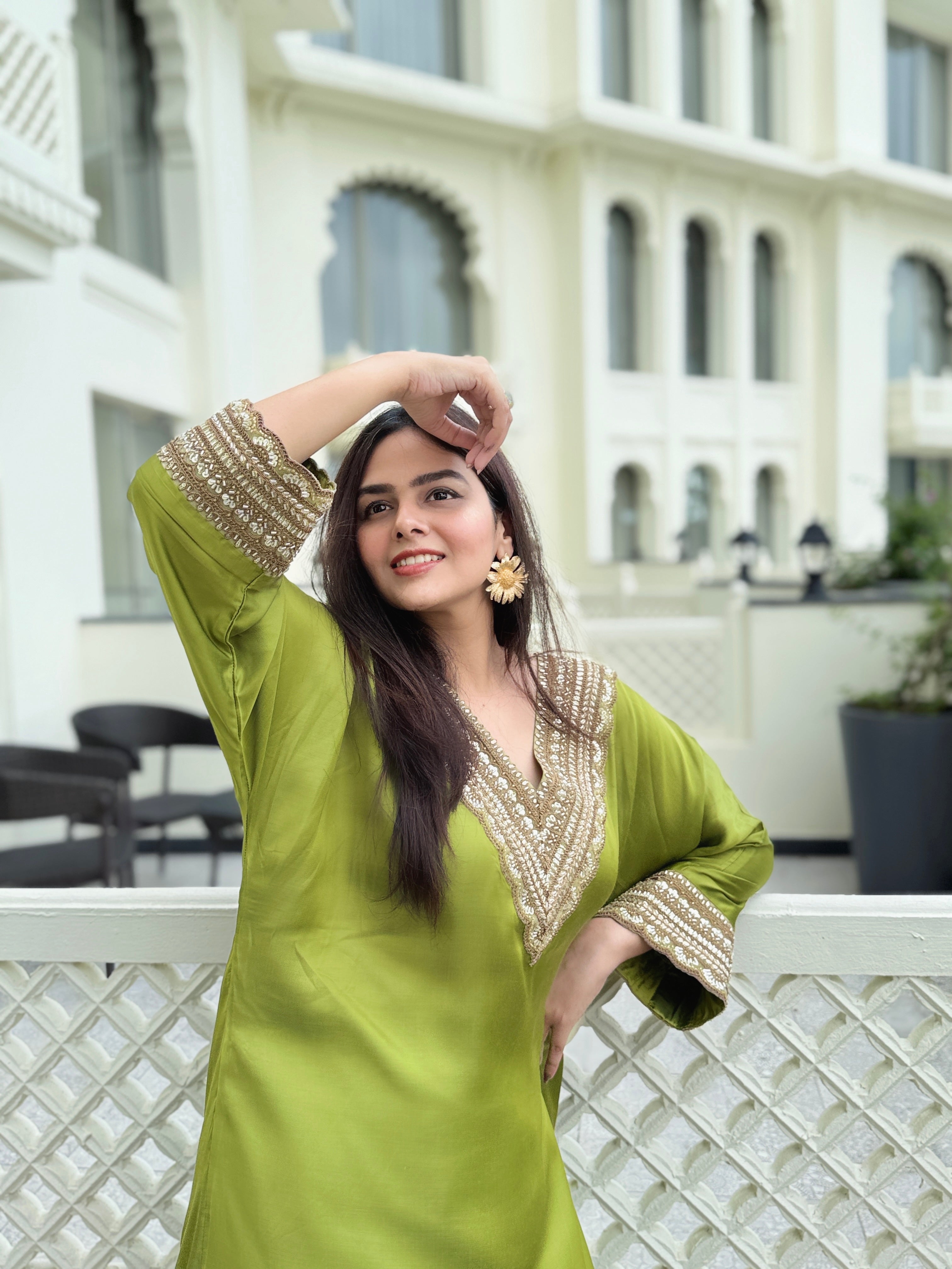 Aanchal Jain in Olive Green Hand embroidery Phiran Kurta Set