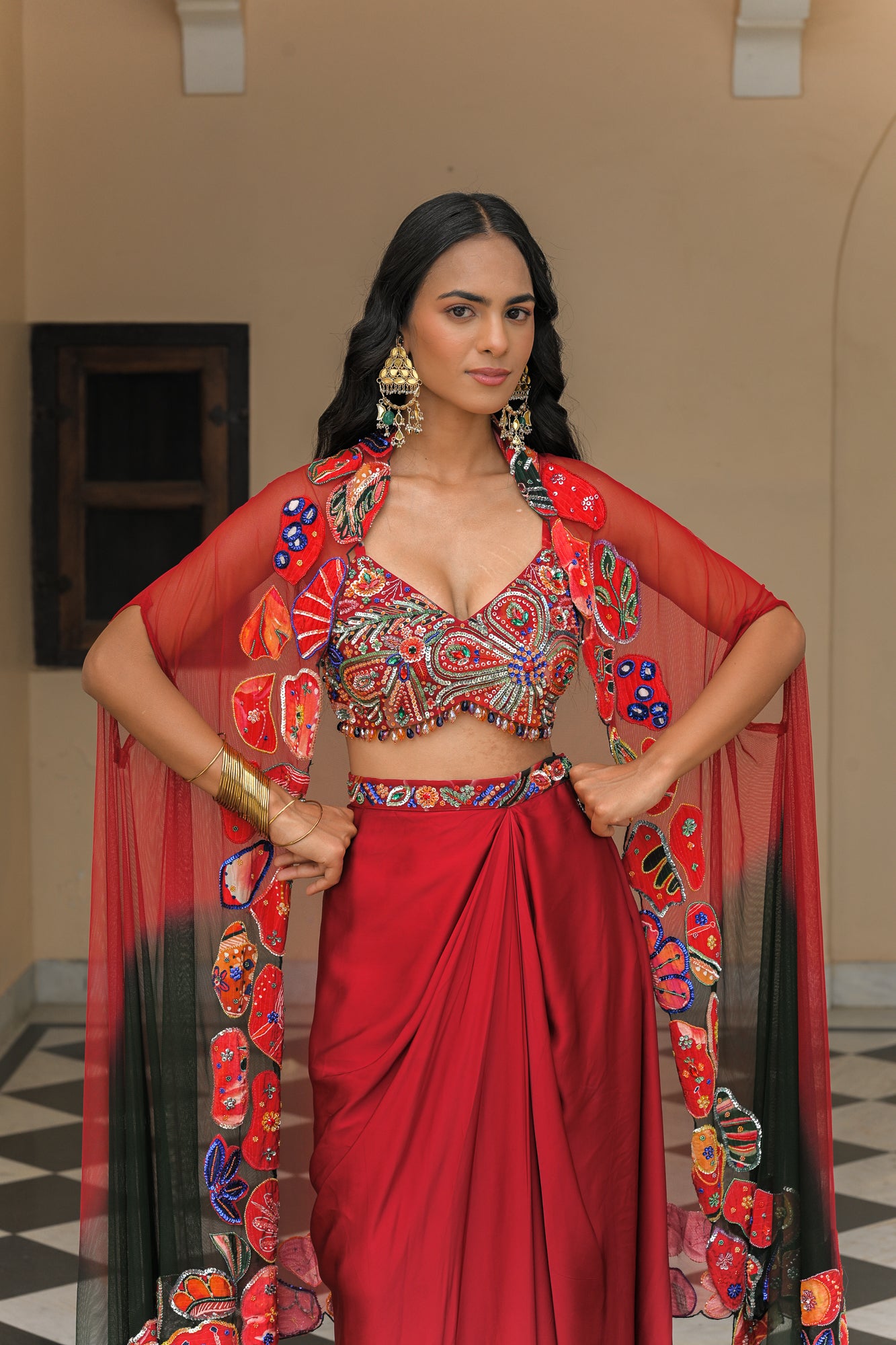 Scarlet Bloom Printed Highlight Bralette with Cowl Skirt and Dual Applique Cape Set