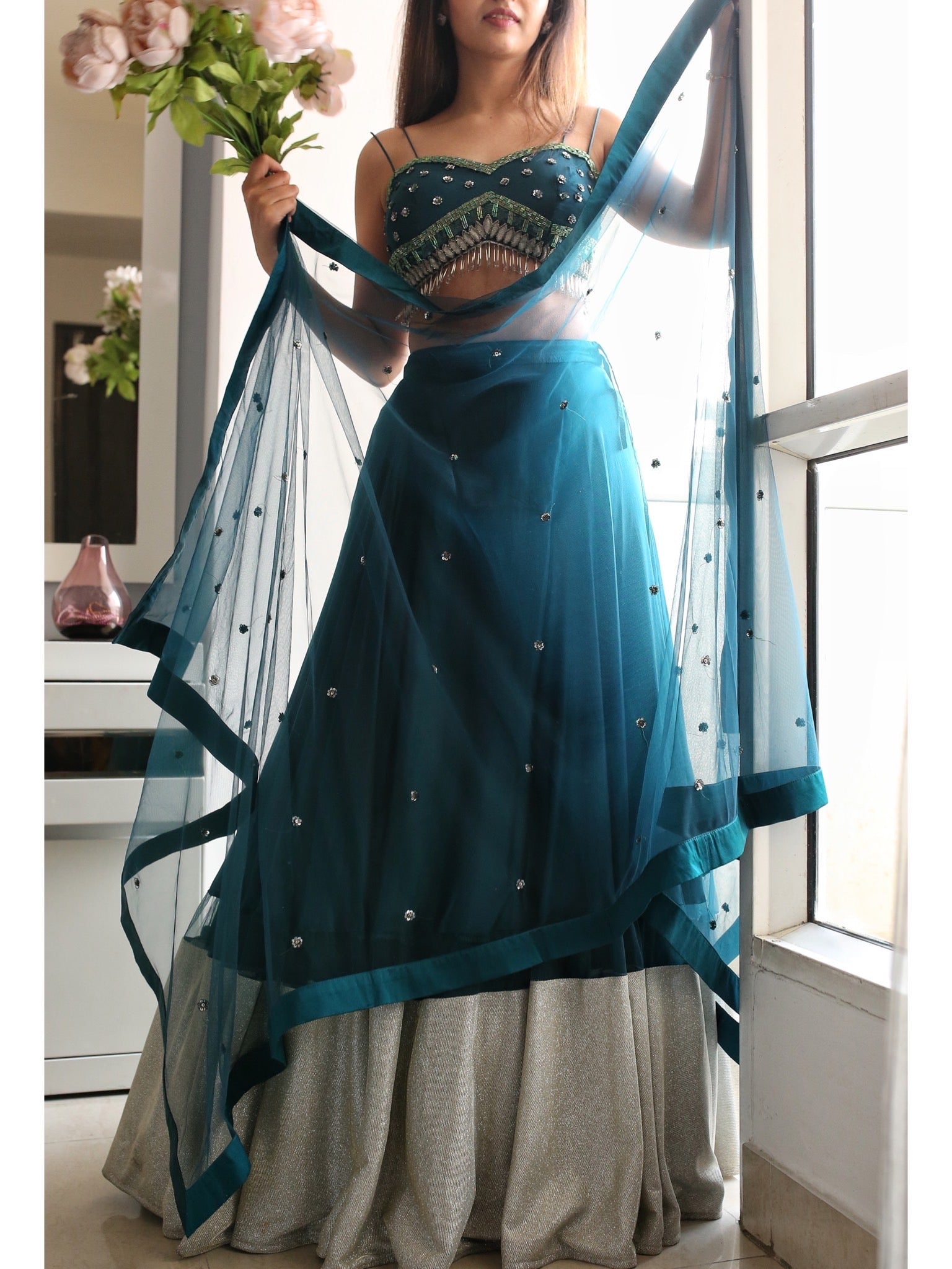 CLEARANCE SALE | MAHARANI TEAL LEHENGA SAREE SET
