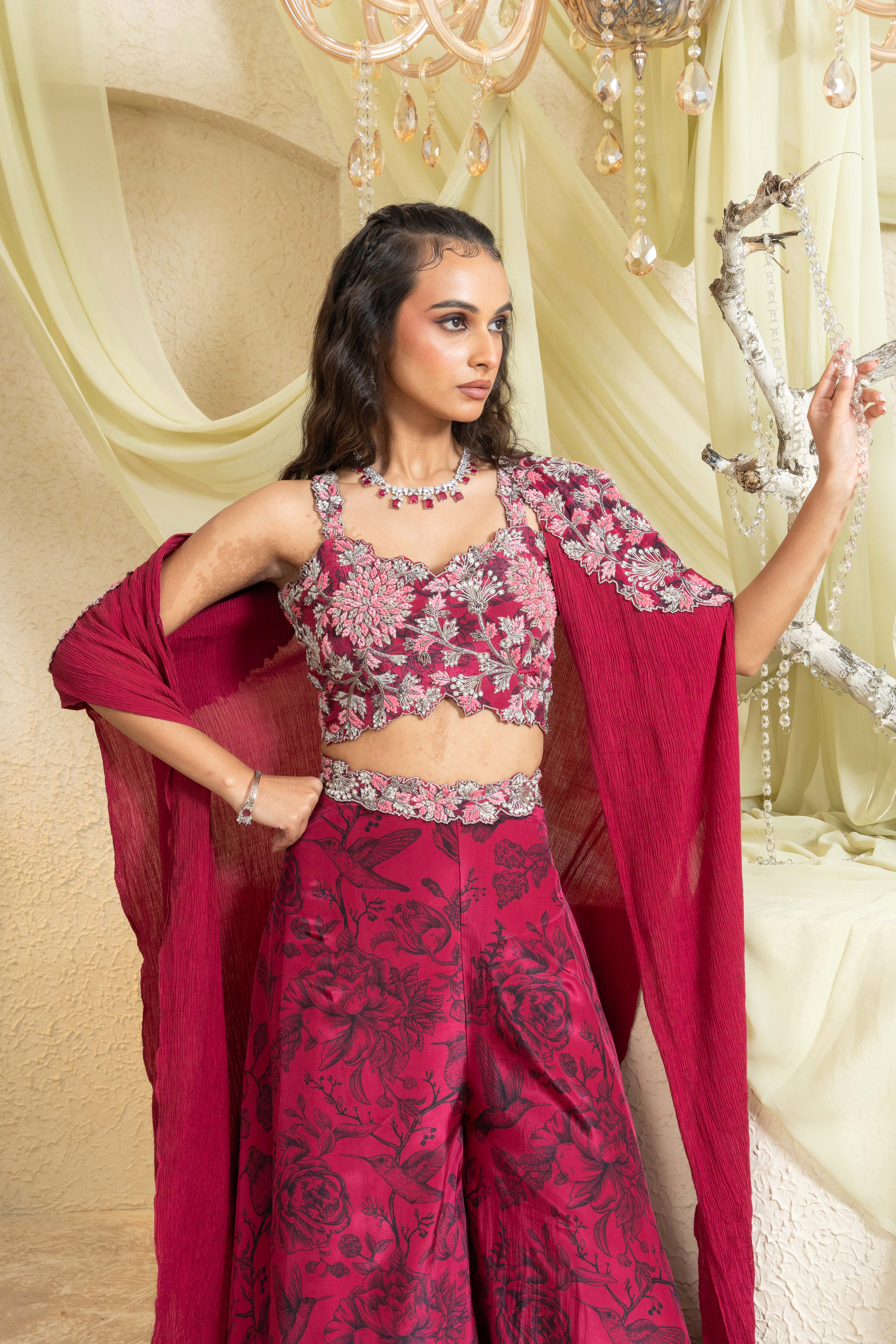Shadow Rose Hand-Embroidered Wide Legged Pant with Cape