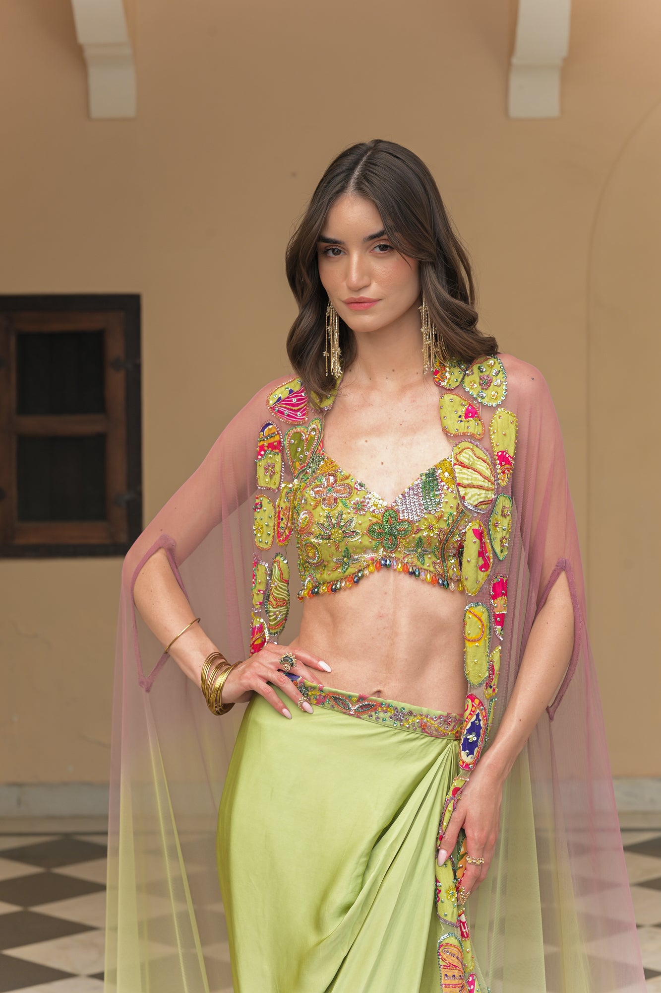 Olive Bloom Bralette with Cowl Skirt and Applique Cape Set