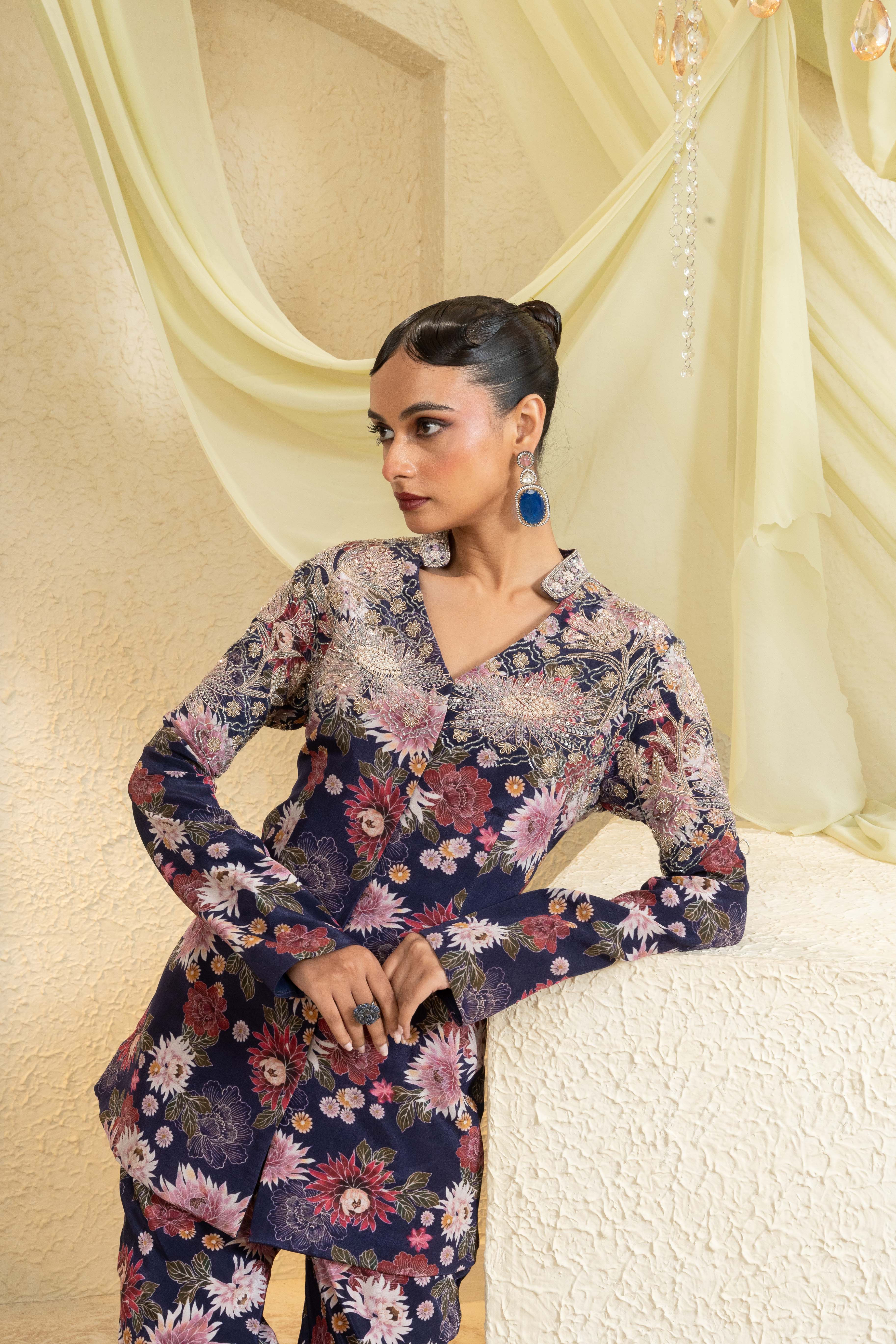 Twilight Bloom Hand-Embroidered Jacket Set