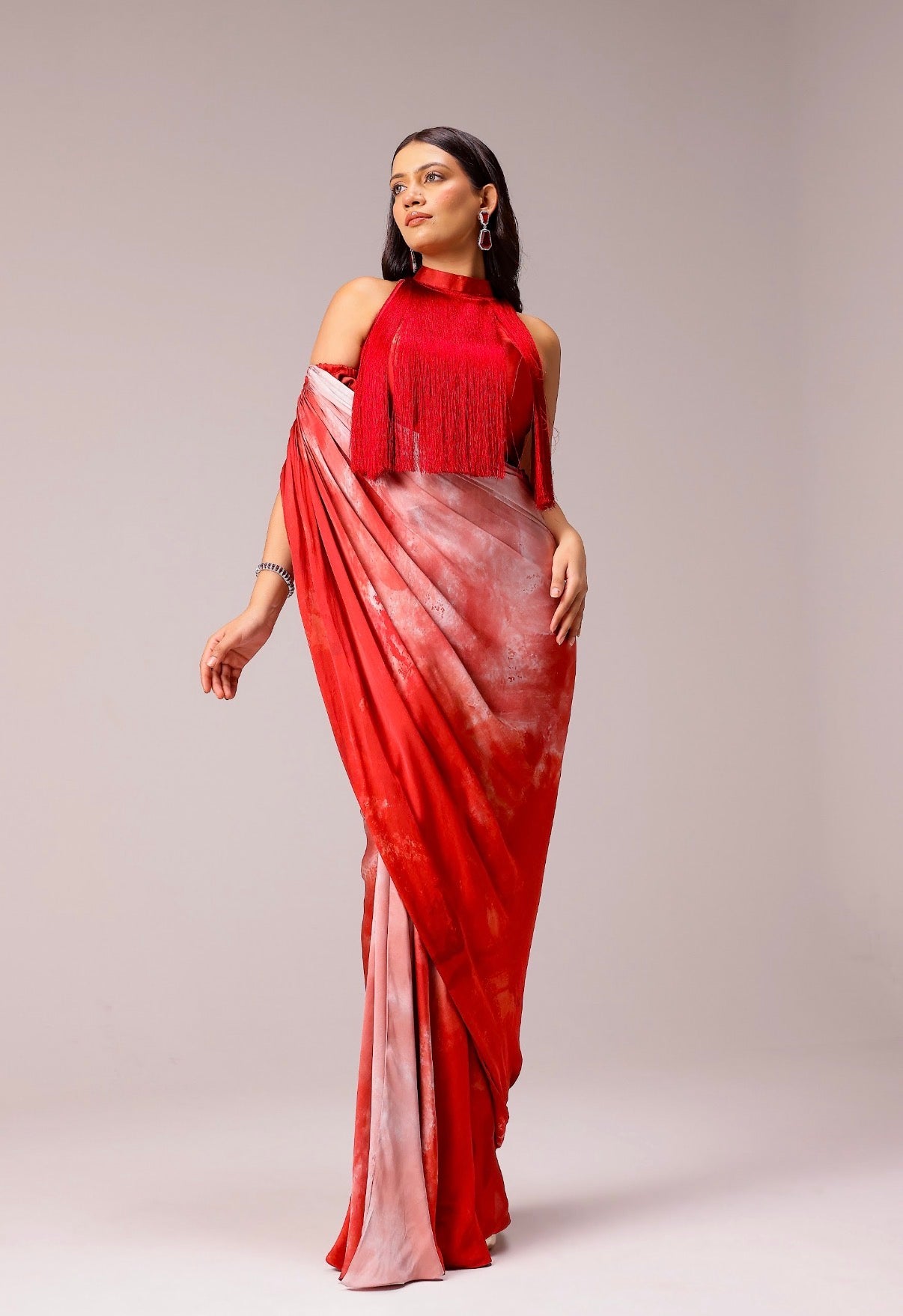 Rosette Draped Sari with Fringe Blouse
