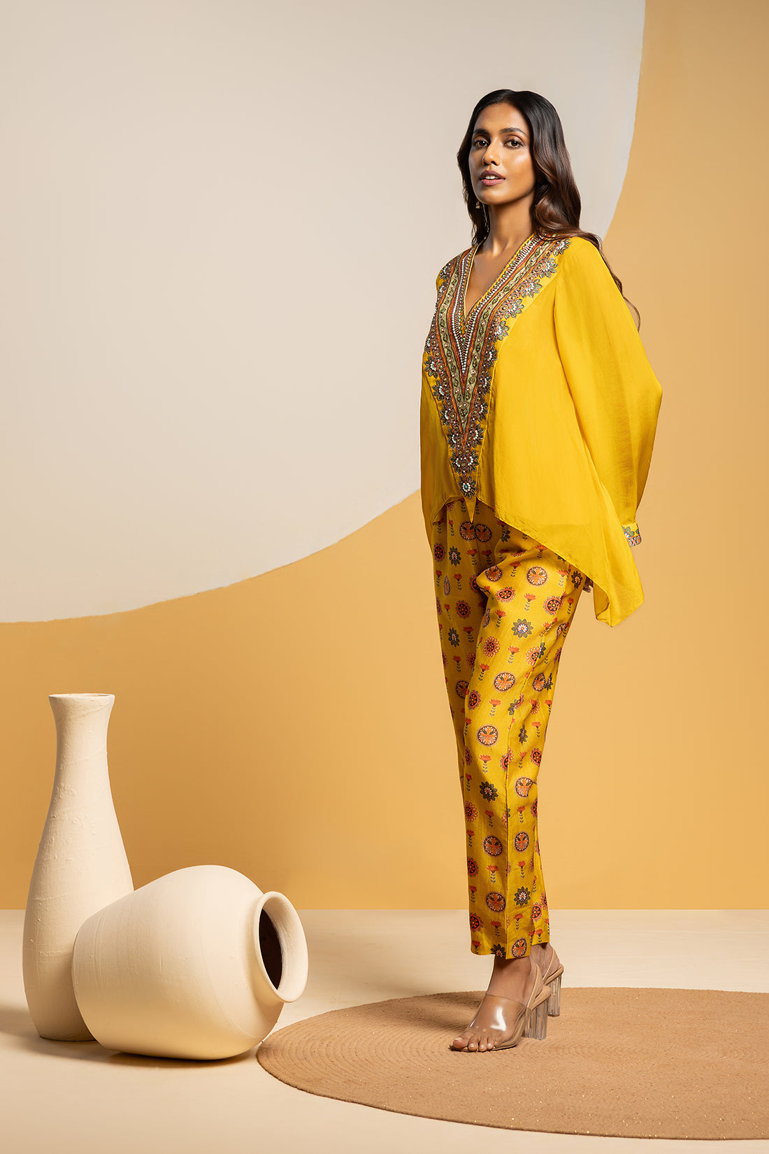 TAARANI YELLOW EMBELLISHED V NECK CO-ORD SET