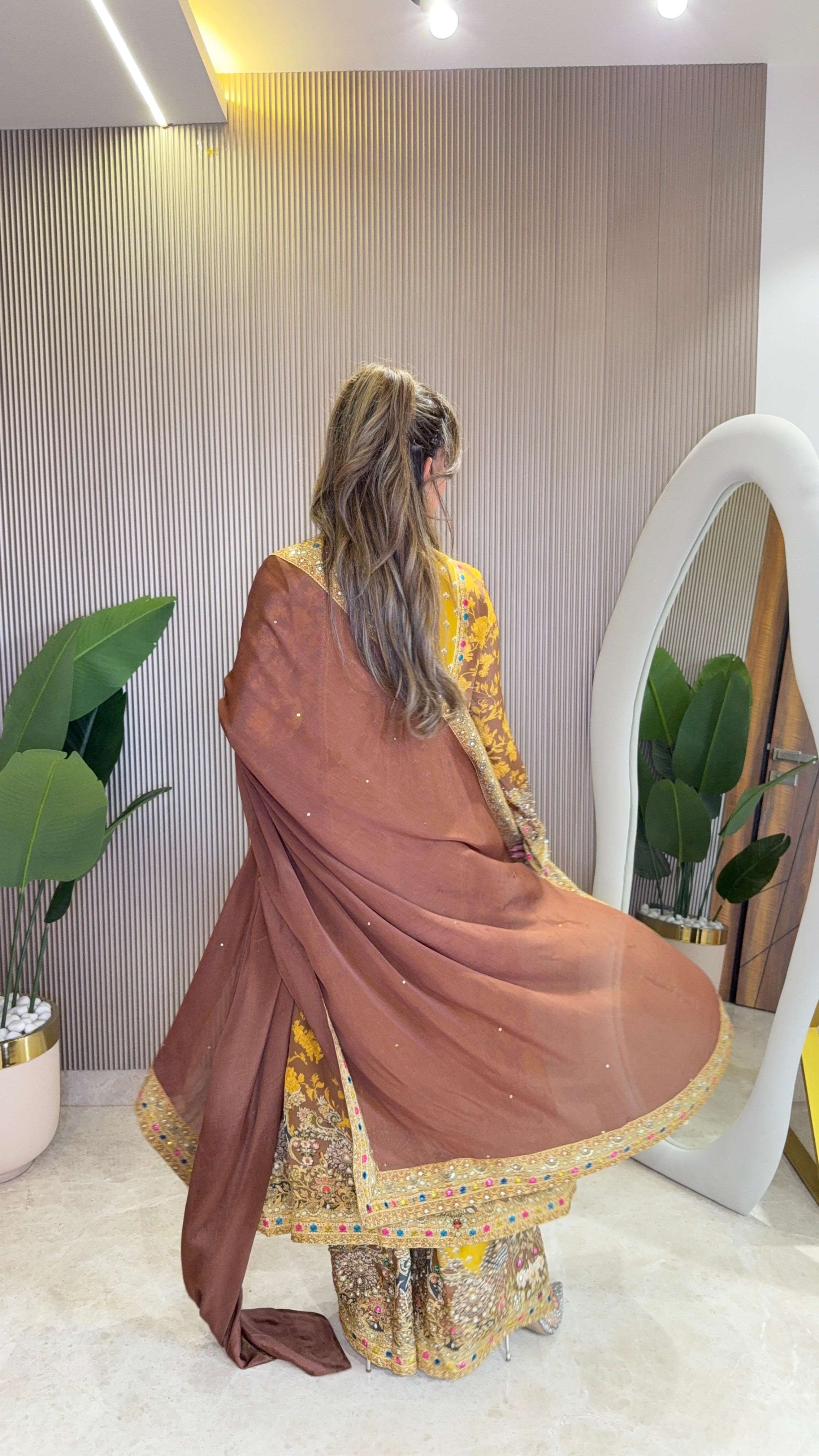 Rah Yellow - Brown A line Kurta with Palazzo & Dupatta