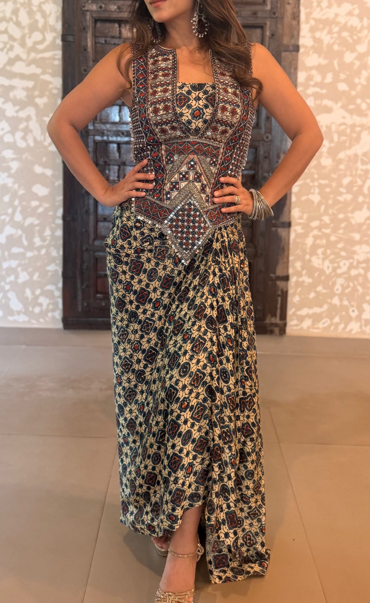 Ajrakh Tie Up Top with Drape Skirt Set