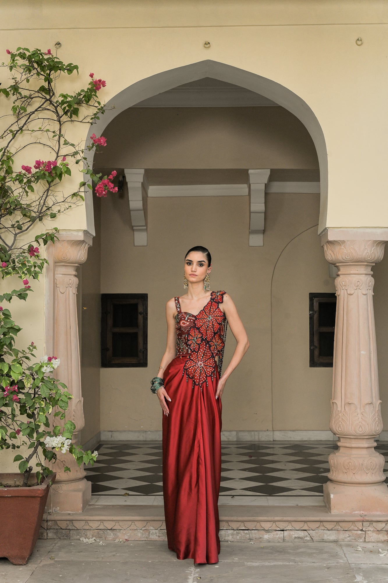 Scarlet Dhoti Skirt Flower Patch Tassel Saree Paired With Thread Work Highlight Corset Blouse
