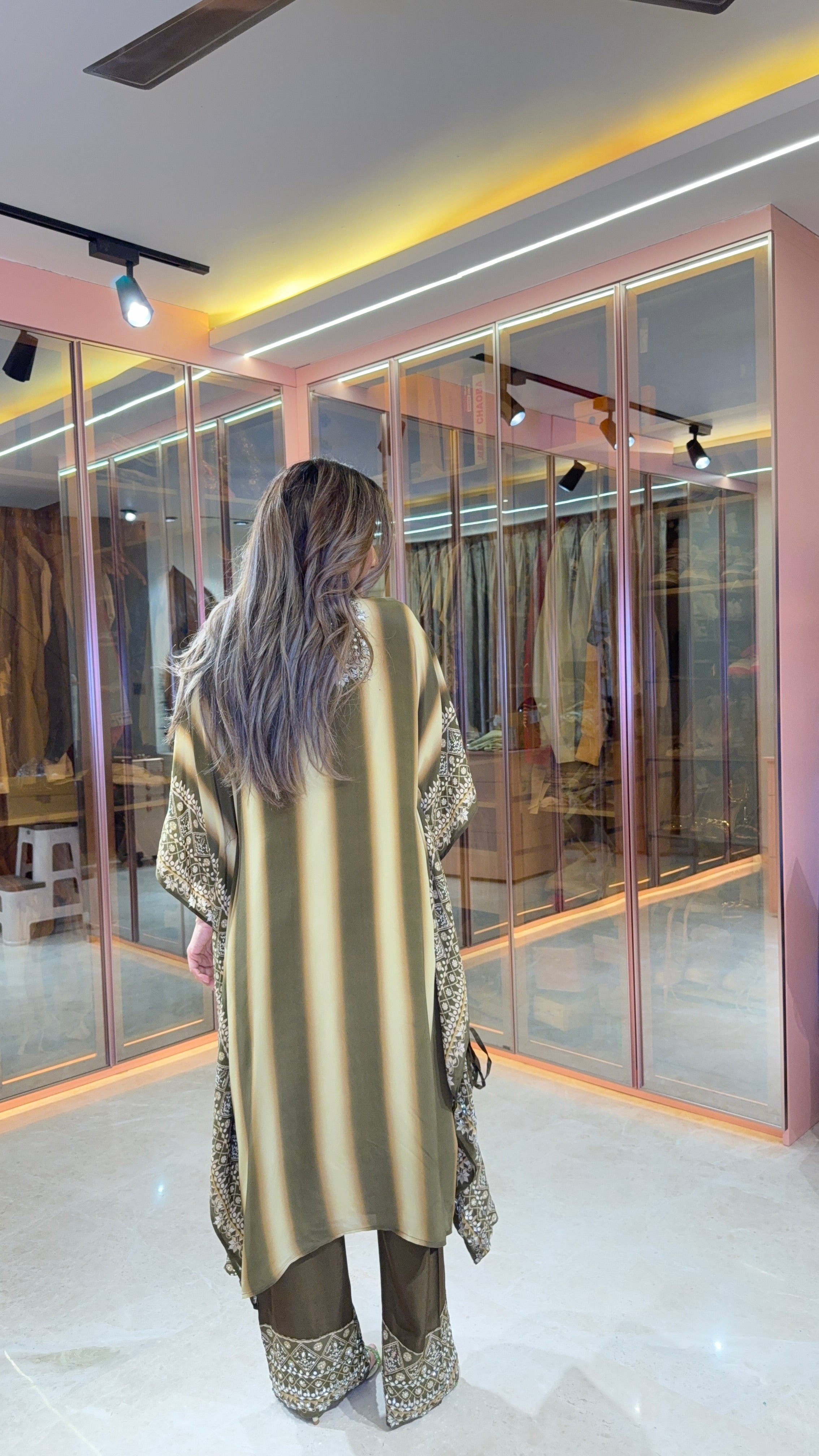 Aanchal Jain in Salma Sitara Black & Beige Kaftan Set