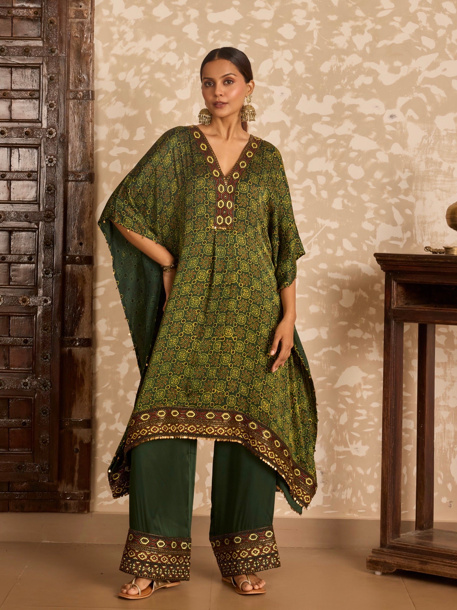 Ajrakh Green Kaftan with Pants