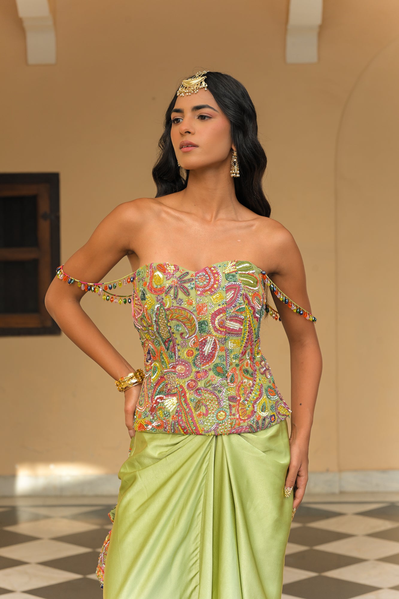 Olive Bloom Embroidered Corset with Throw Milano Skirt