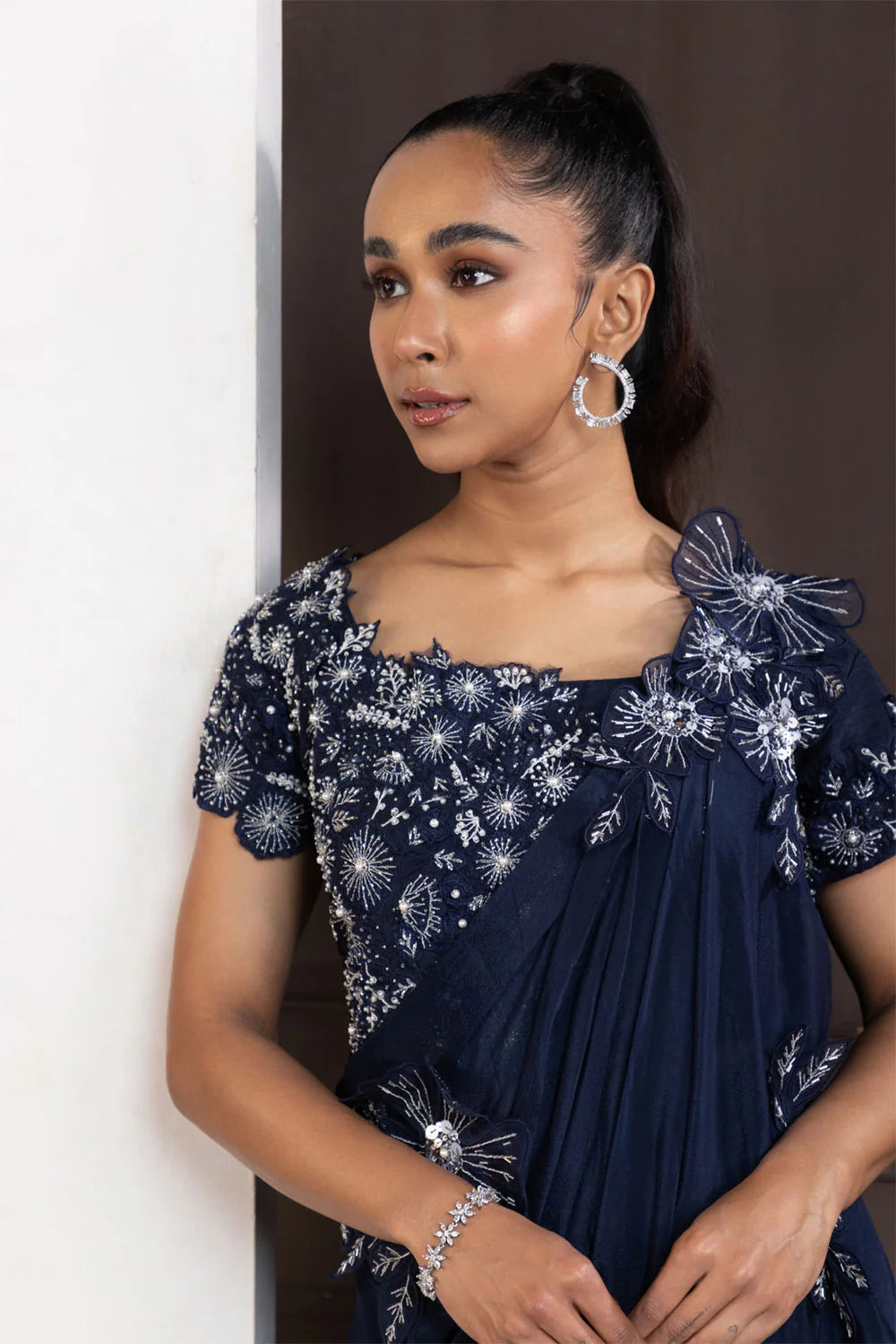 Navy Blue Blossom Drape Pant Set