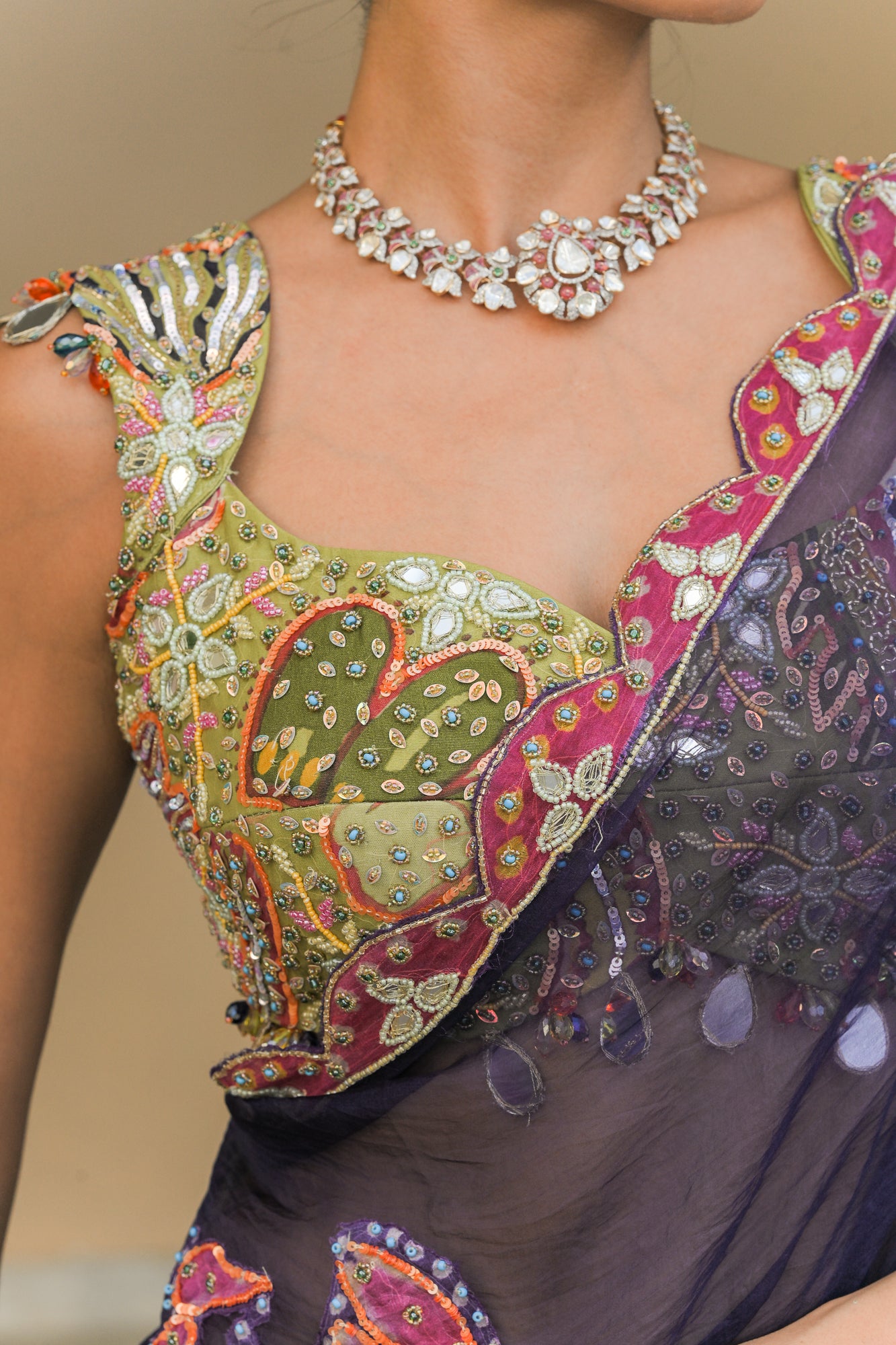Violet & Olive Dual Saree Set with Patch Palla Mirror Work Highlight Blouse