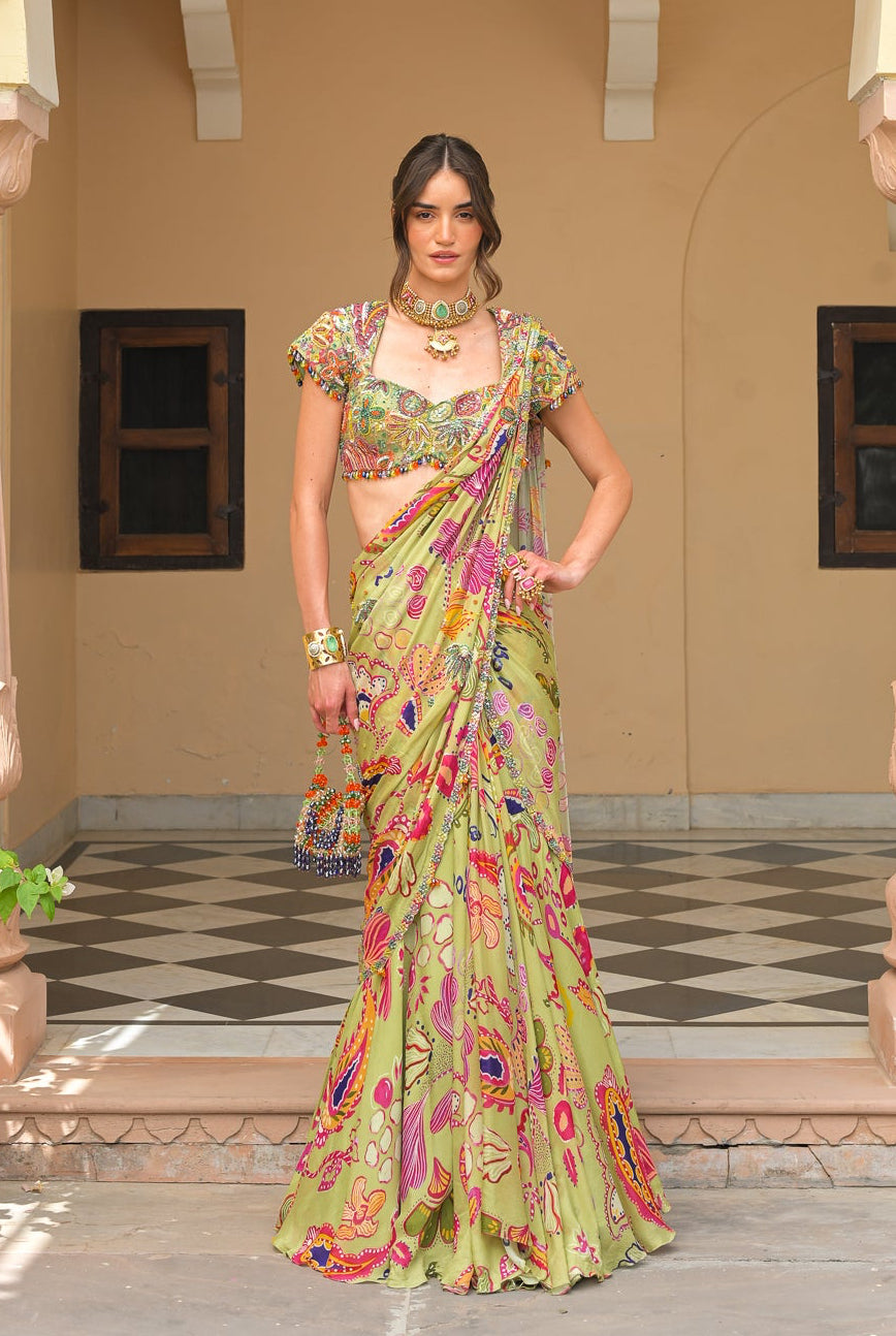 Olive Bloom Prestitched Highlight Saree with Highlight Blouse