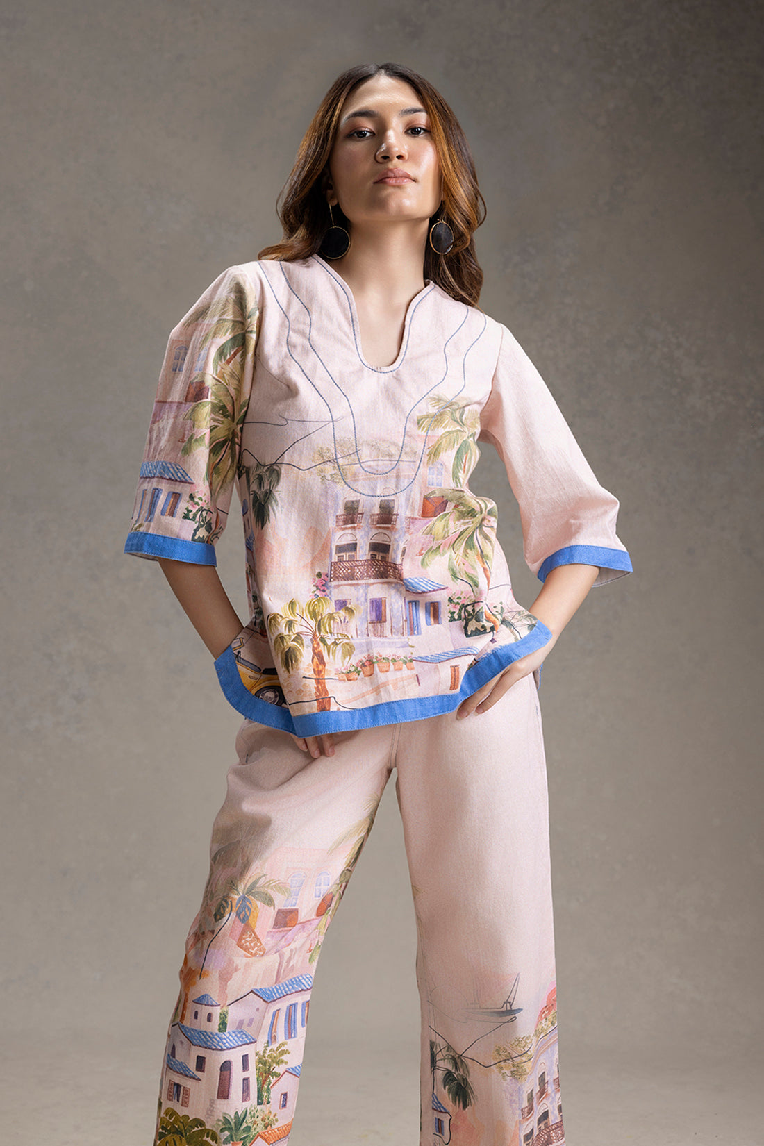 REVIERA PINK PRINTED NECK-DETAIL TOP AND PANTS
