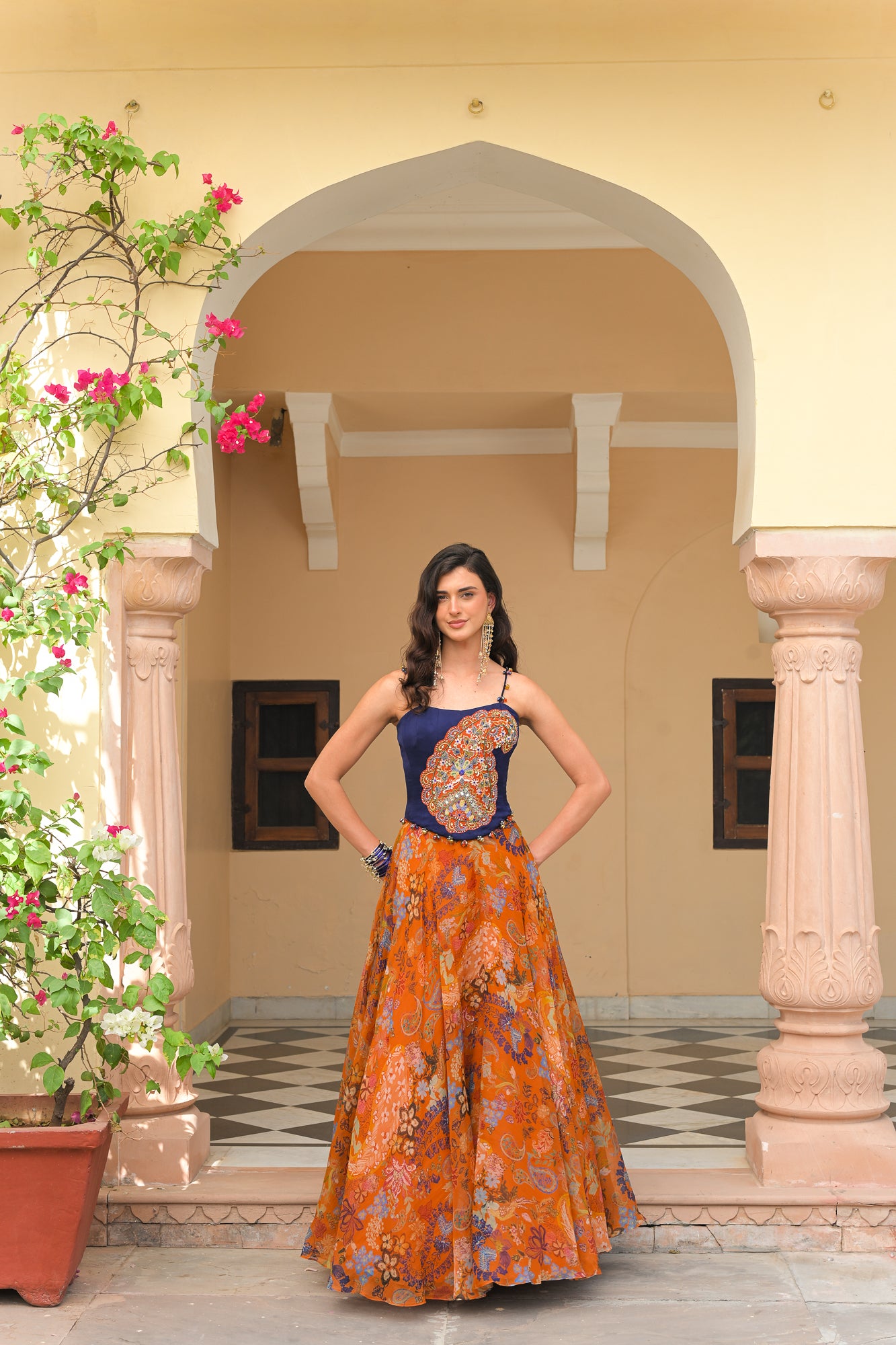 Amber Bloom Organza Printed Lehenga with Paisley Patch Corset