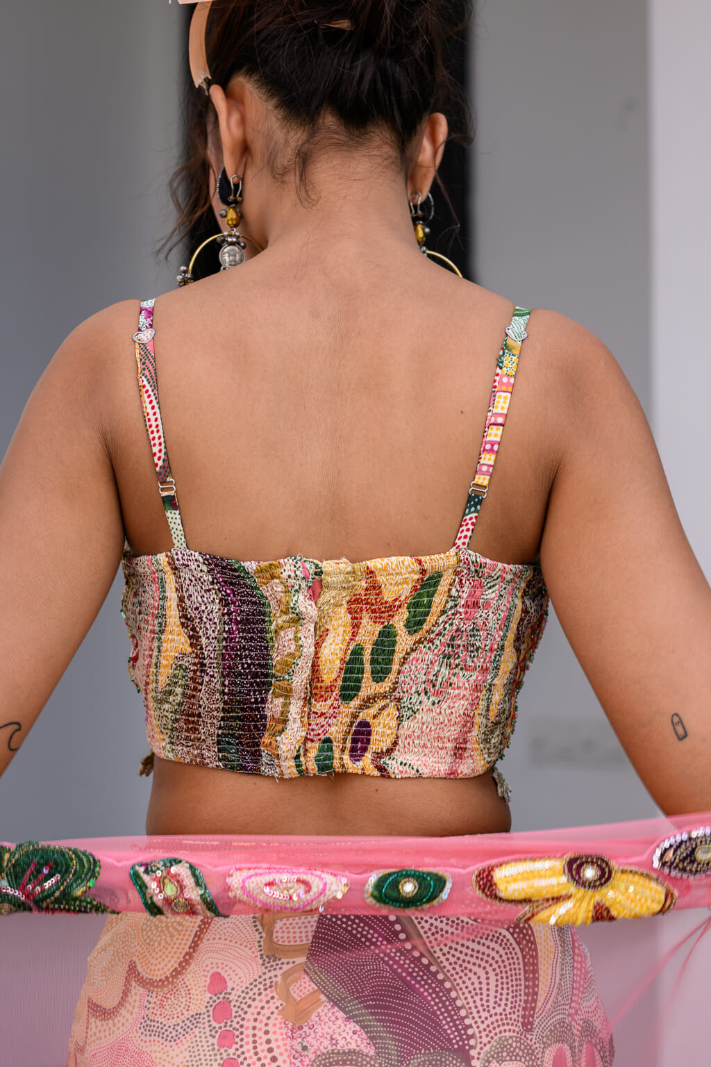Flora highlighted Bralette Paidawn With Dhoti Skirt Applique Cape Set