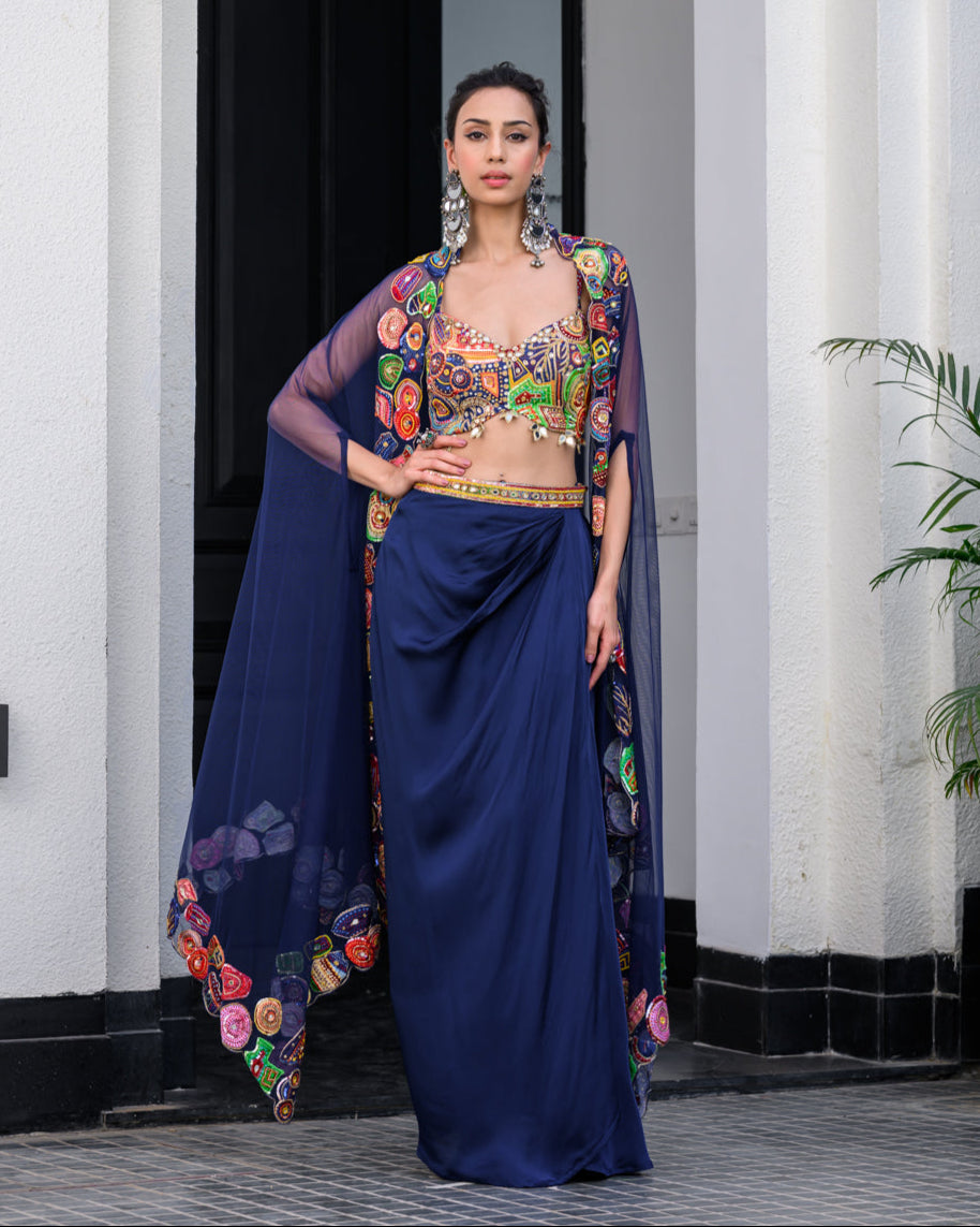 Iris Bralette Paidawn Dhoti Skirt Set And Hand Applique Cape Set