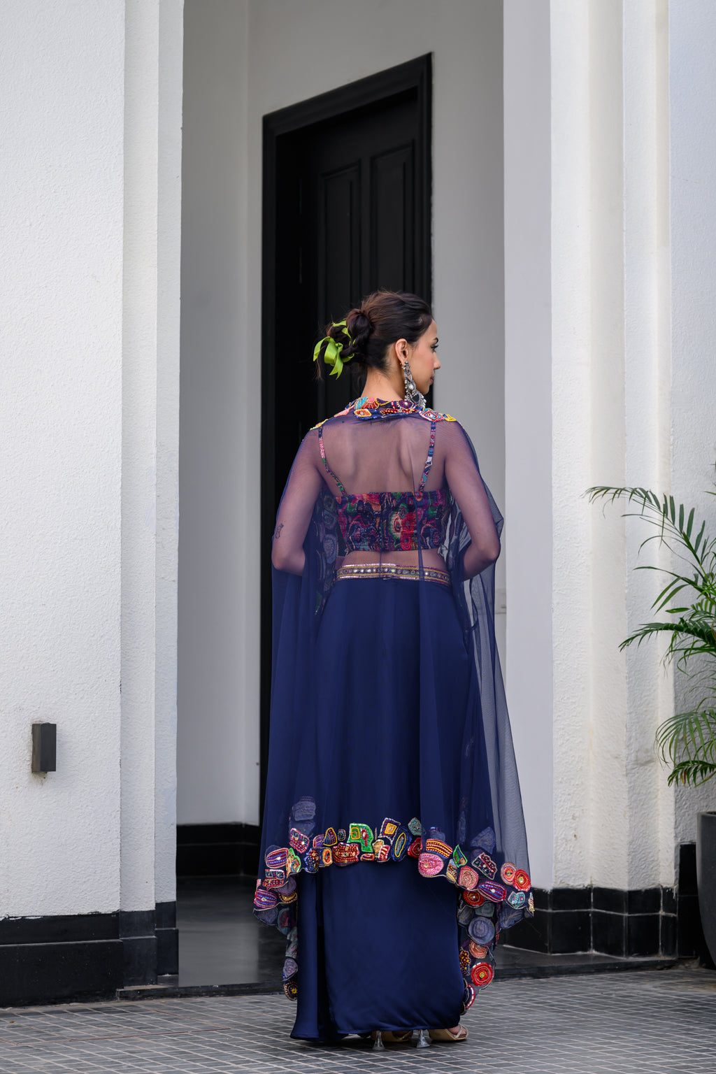 Iris Bralette Paidawn Dhoti Skirt Set And Hand Applique Cape Set