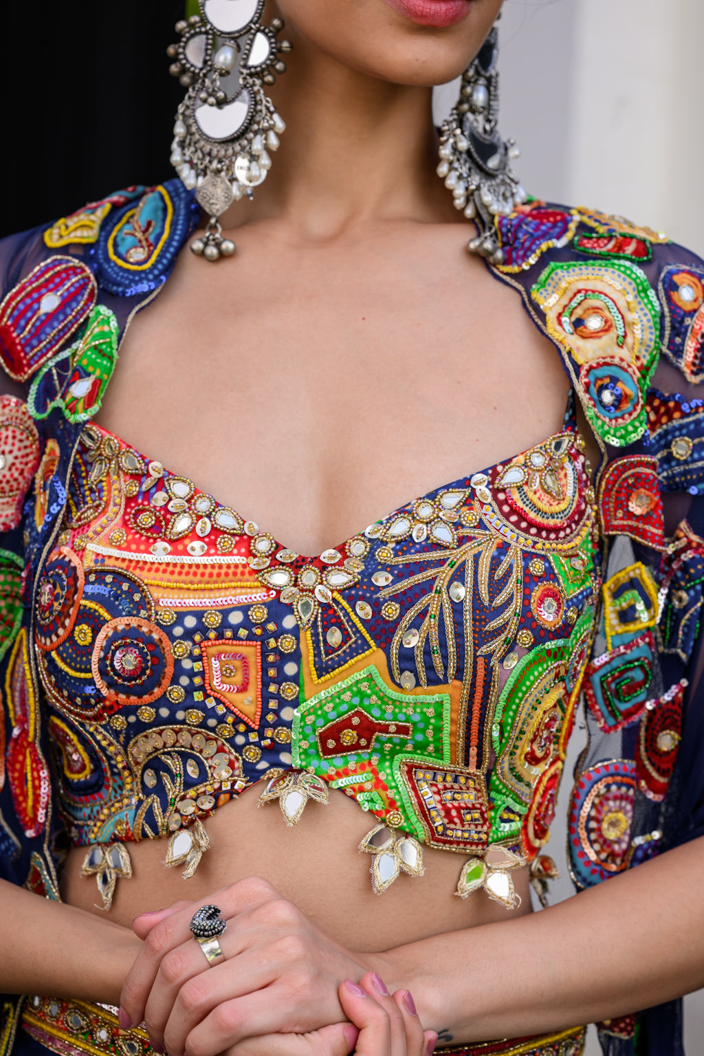 Iris Bralette Paidawn Dhoti Skirt Set And Hand Applique Cape Set