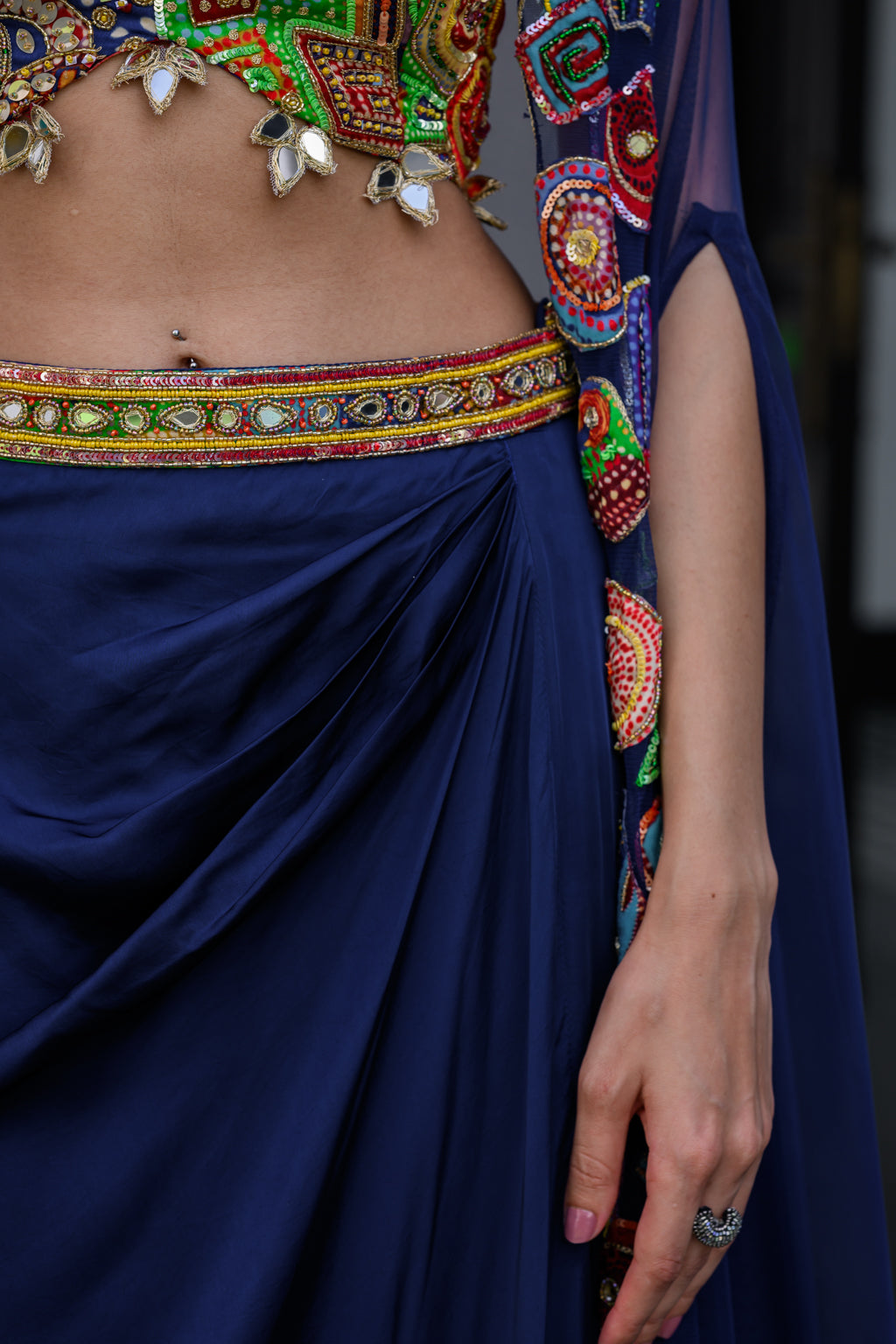 Iris Bralette Paidawn Dhoti Skirt Set And Hand Applique Cape Set