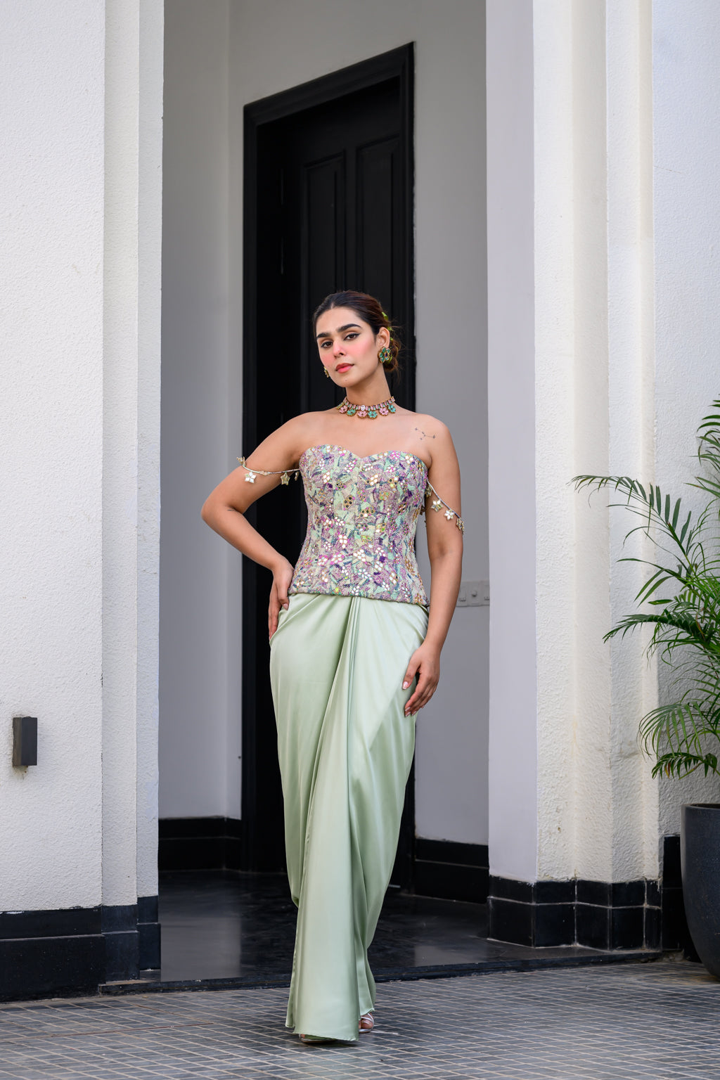 EDEN TEXTUDAWN CORSET WITH MIRROR WORK PAIDAWN WITH DHOTI SKIRT