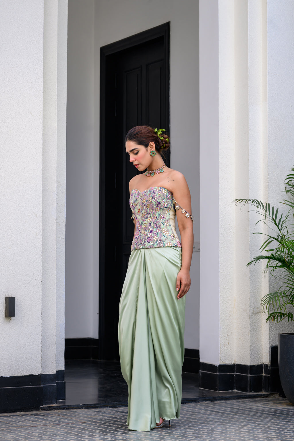 EDEN TEXTUDAWN CORSET WITH MIRROR WORK PAIDAWN WITH DHOTI SKIRT