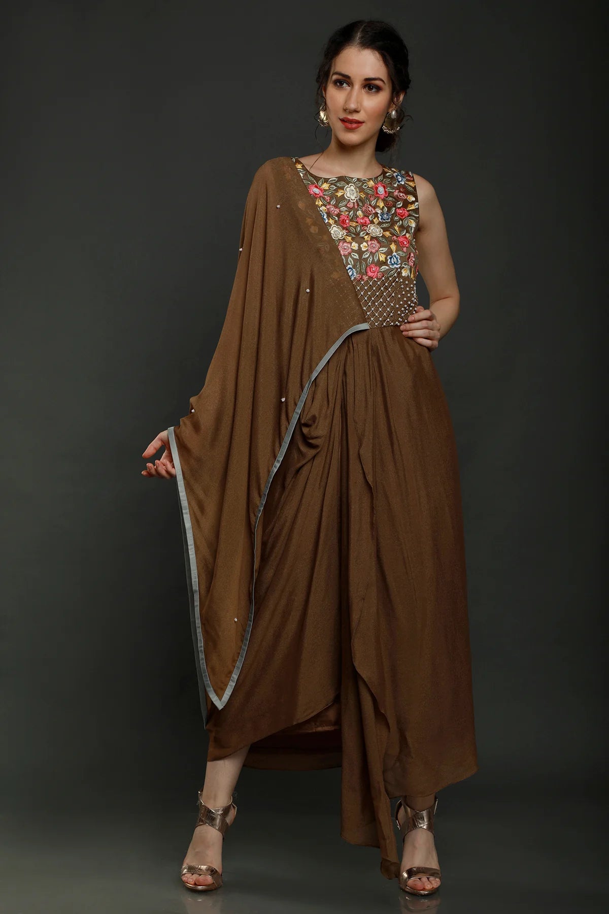 Brown Embroidered Drape Dress