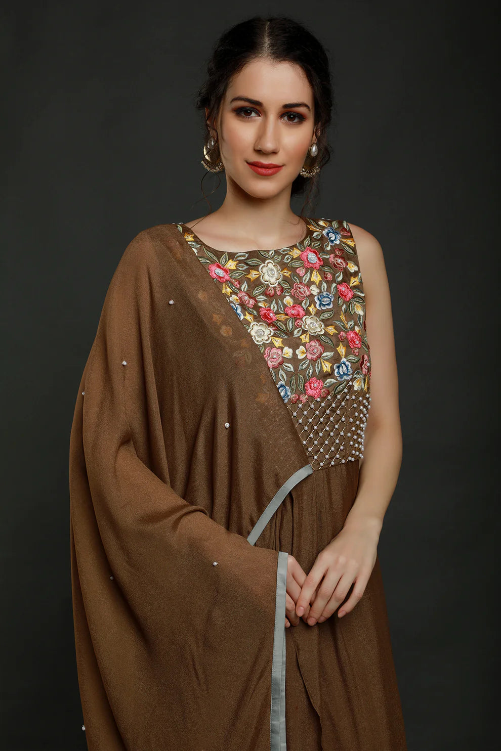 Brown Embroidered Drape Dress