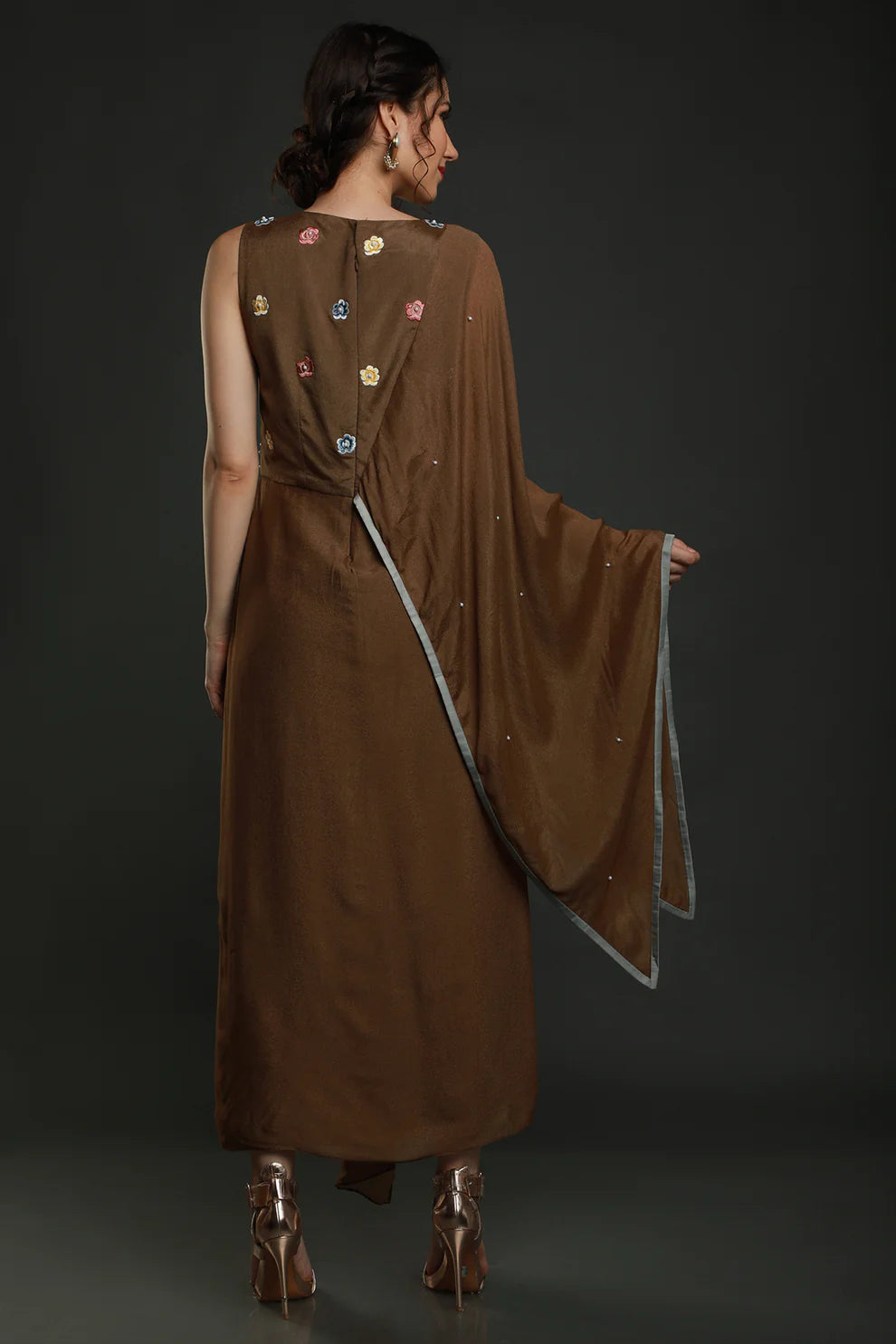 Brown Embroidered Drape Dress