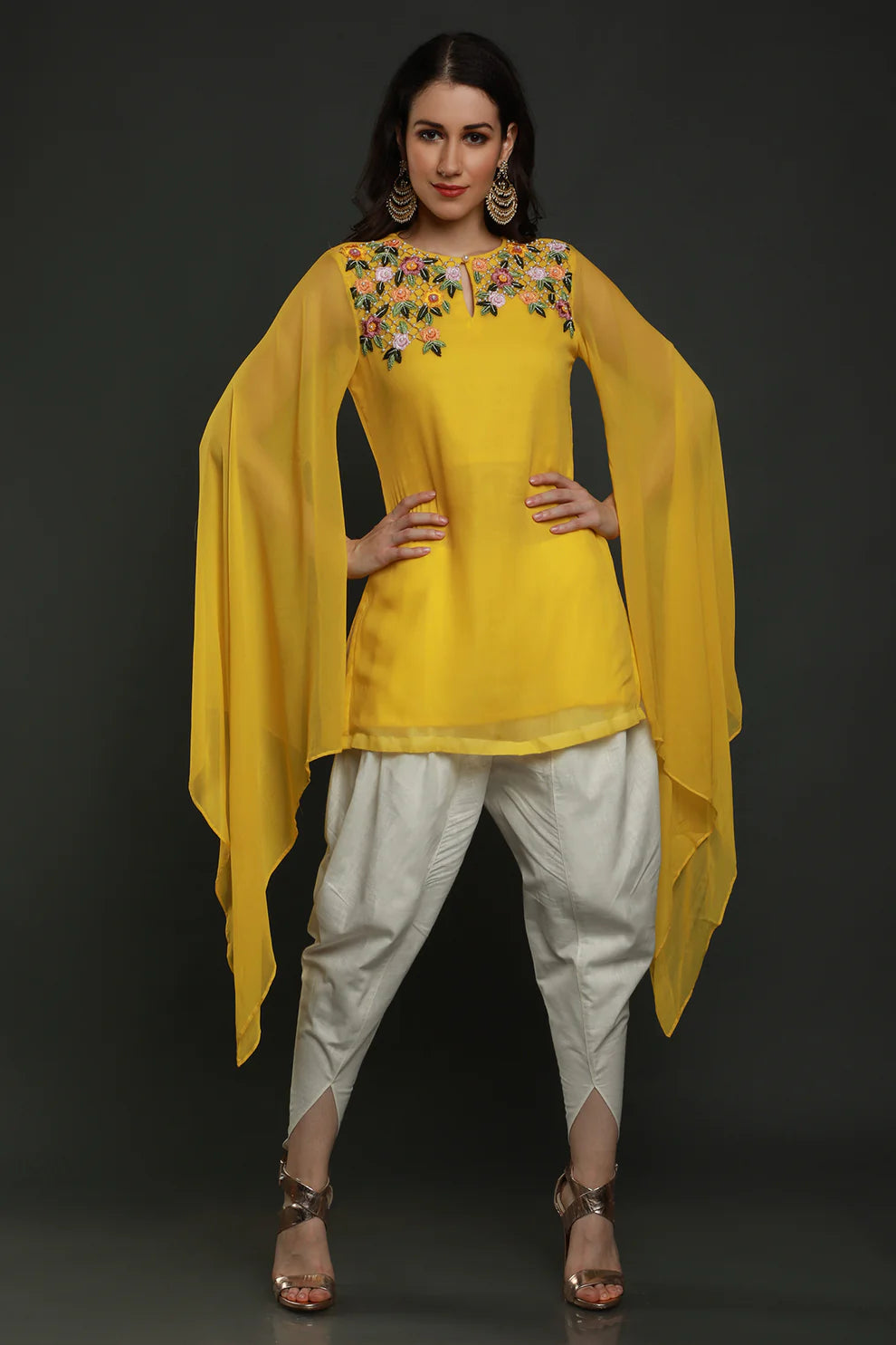Yellow Short Kurta with Dhoti Pants
