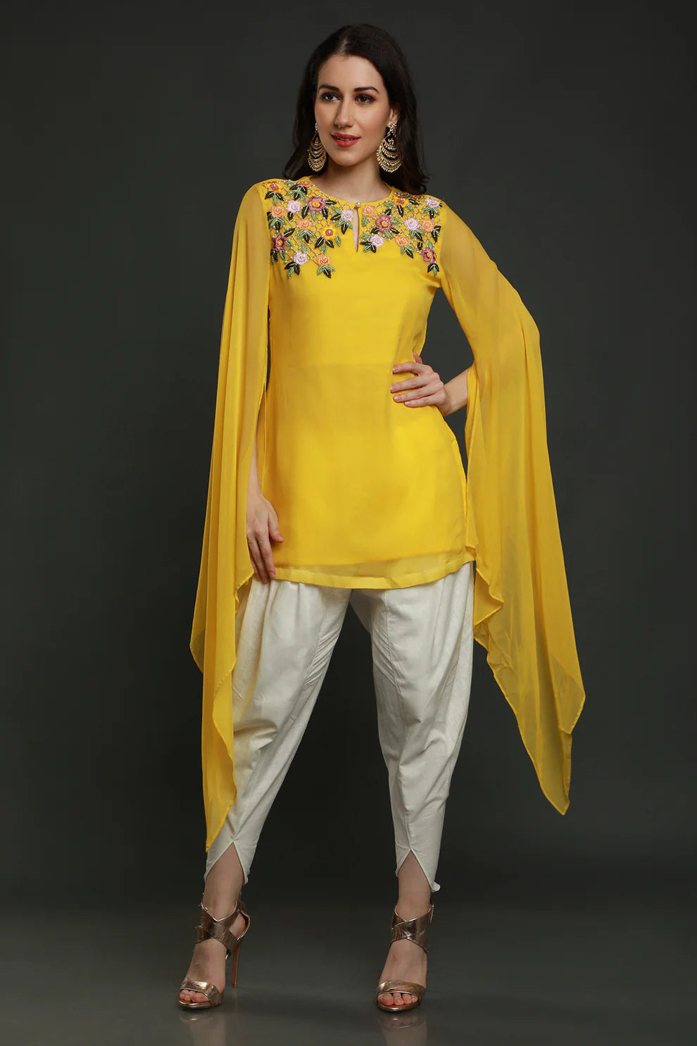 Yellow Short Kurta with Dhoti Pants
