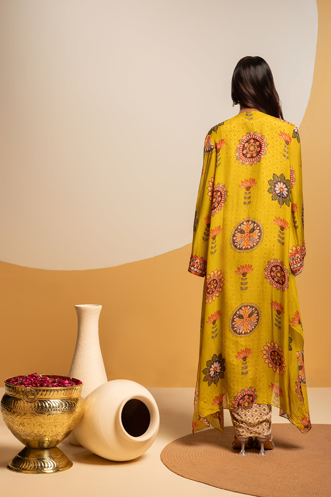 TAARANI YELLOW EMBELLISHED DRAPE DRESS SET