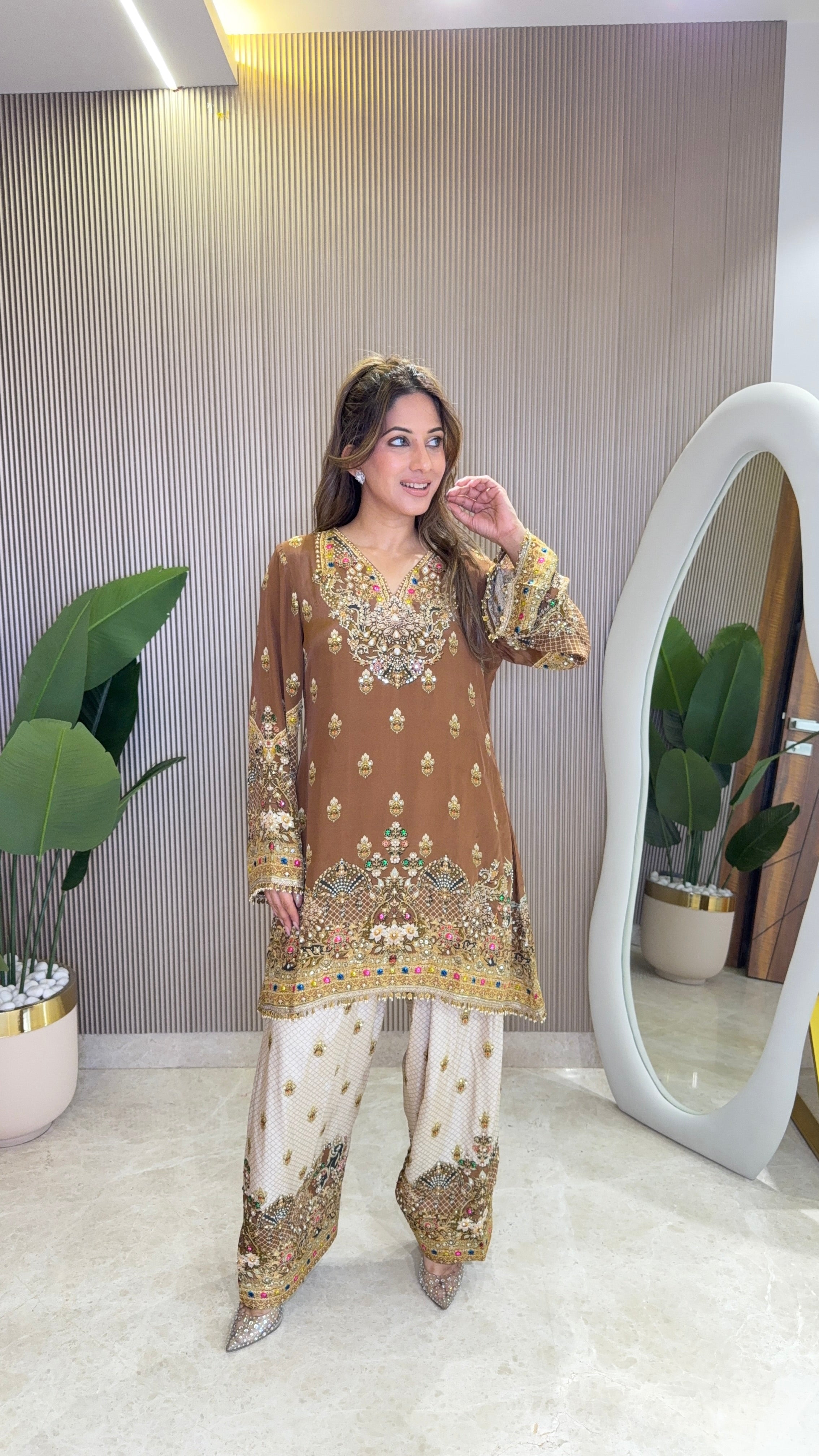 Rah Yellow - Brown Kurti with Farshi Salwar & Dupatta