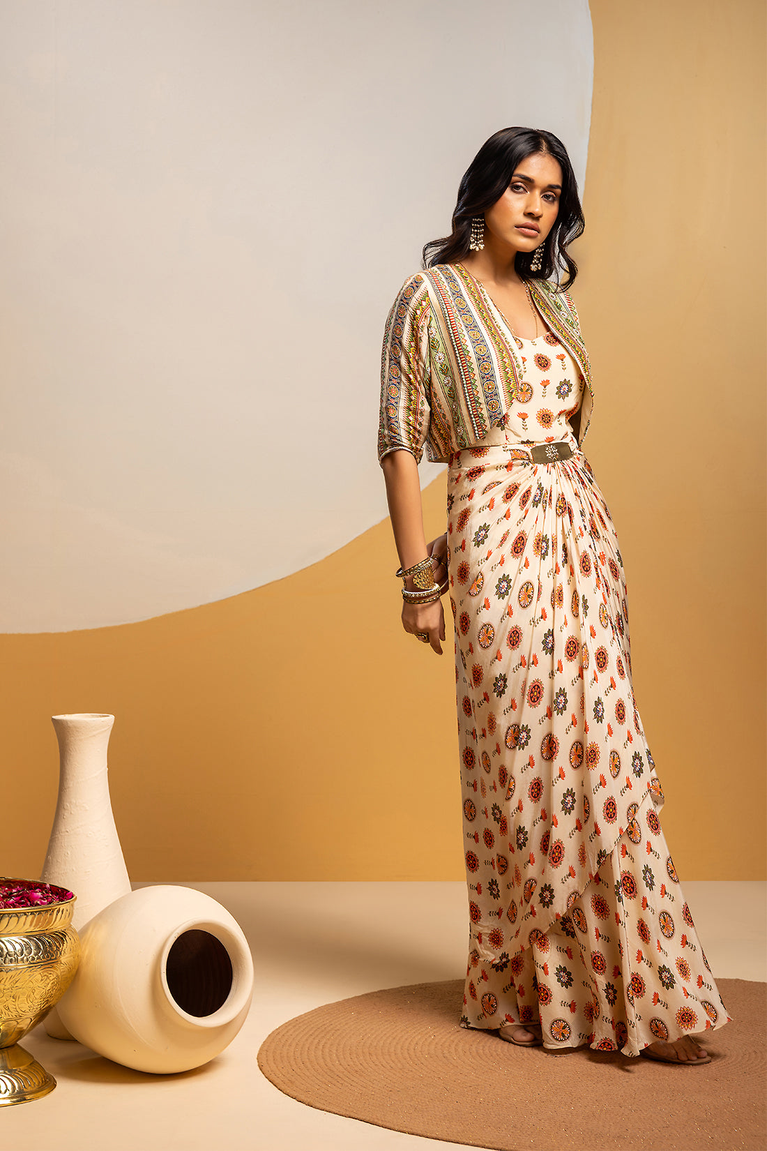 TAARANI OFF WHITE EMBELLISHED LONG DRAPE DRESS SET