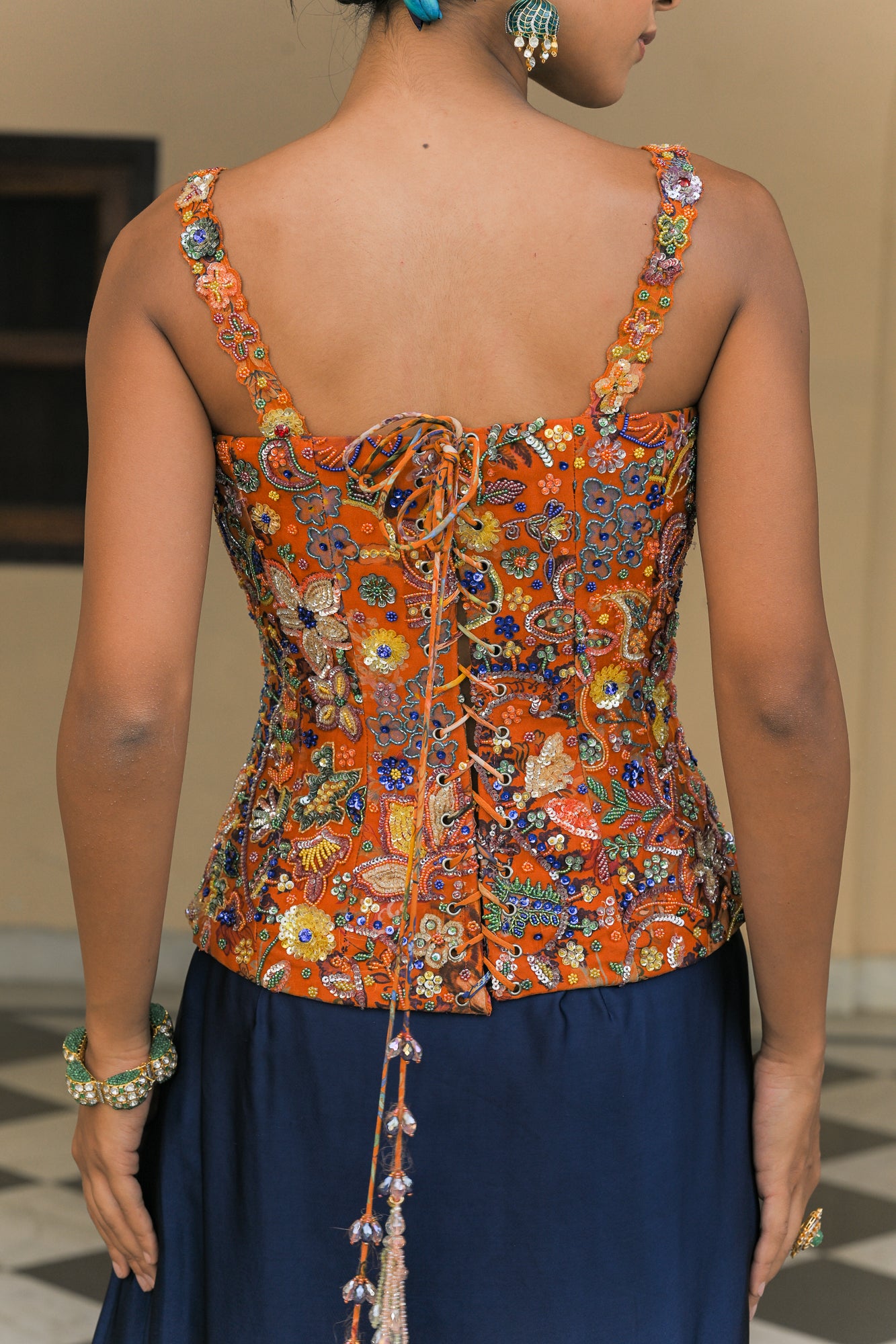 Amber Bloom Highlight Corset Paired with Navy Blue Cowl Skirt Set