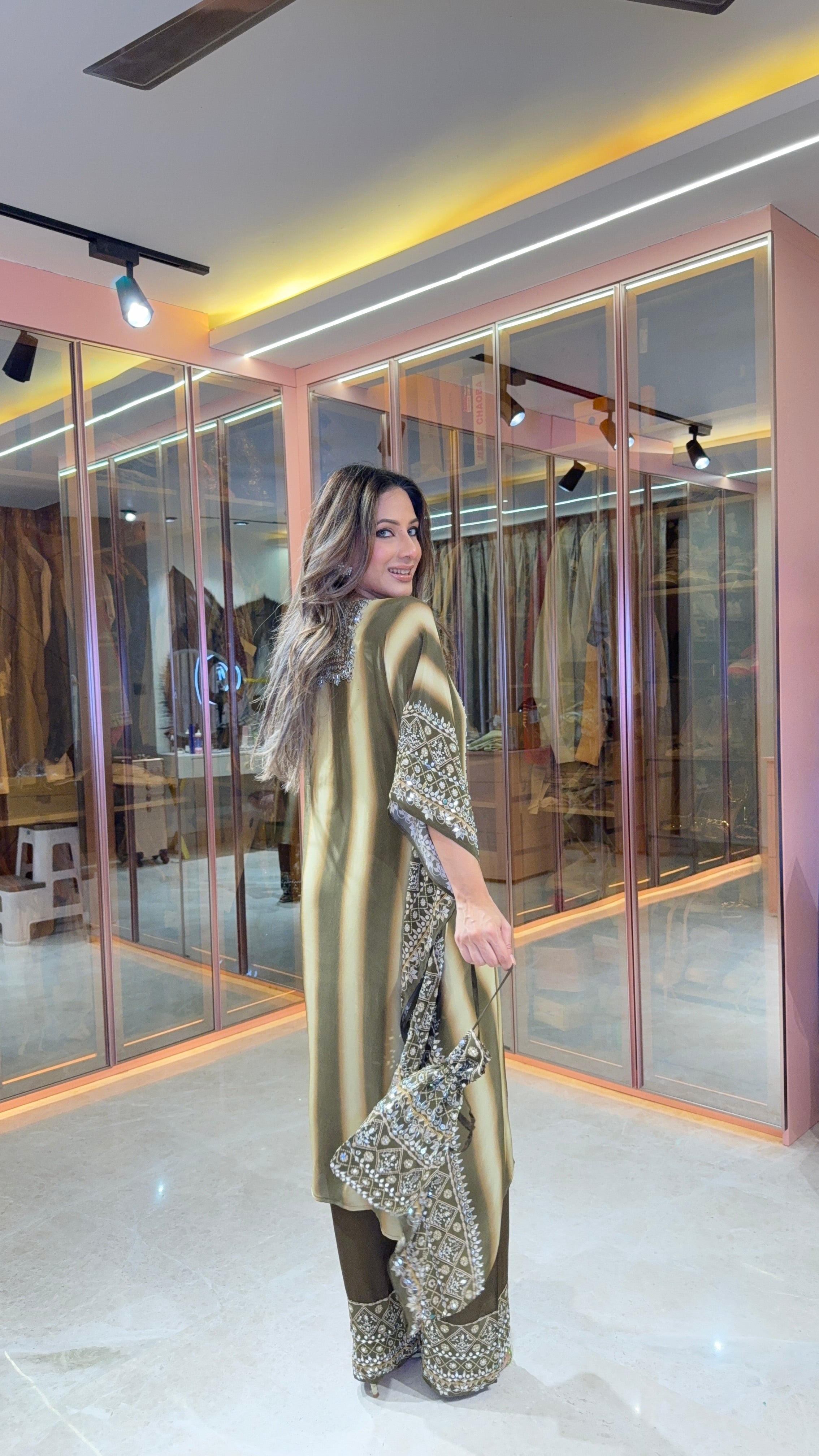 Aanchal Jain in Salma Sitara Black & Beige Kaftan Set