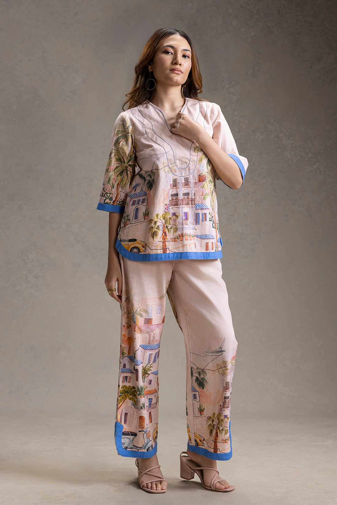 REVIERA PINK PRINTED NECK-DETAIL TOP AND PANTS
