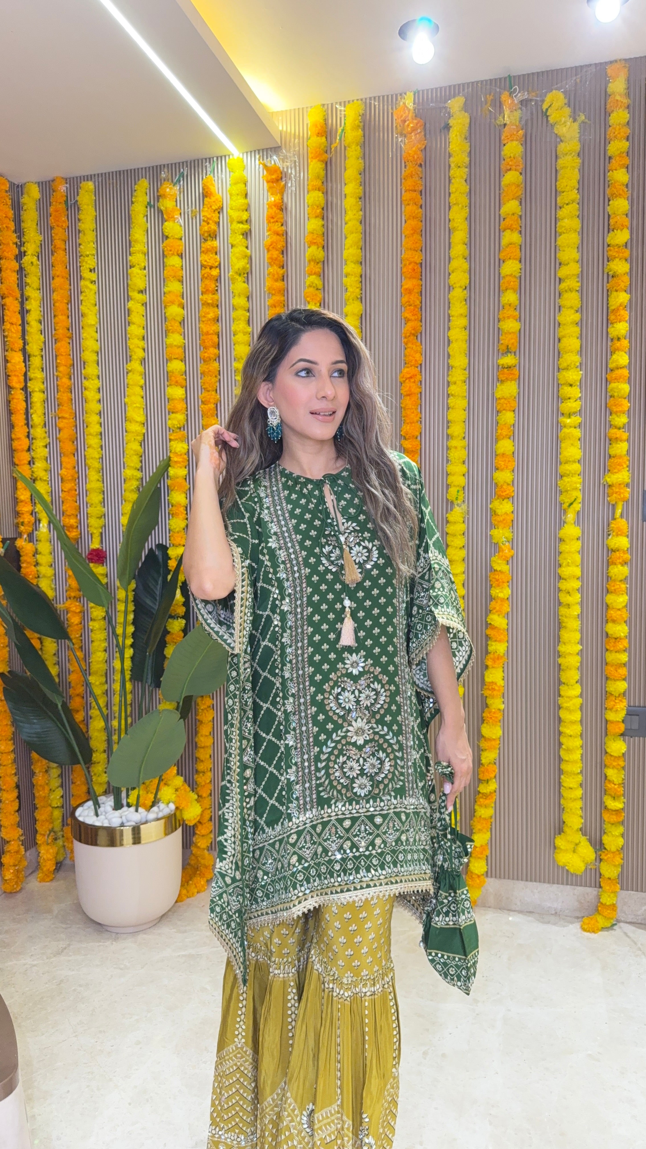 Son Chidhaiya Green-Mustard Kaftan Set