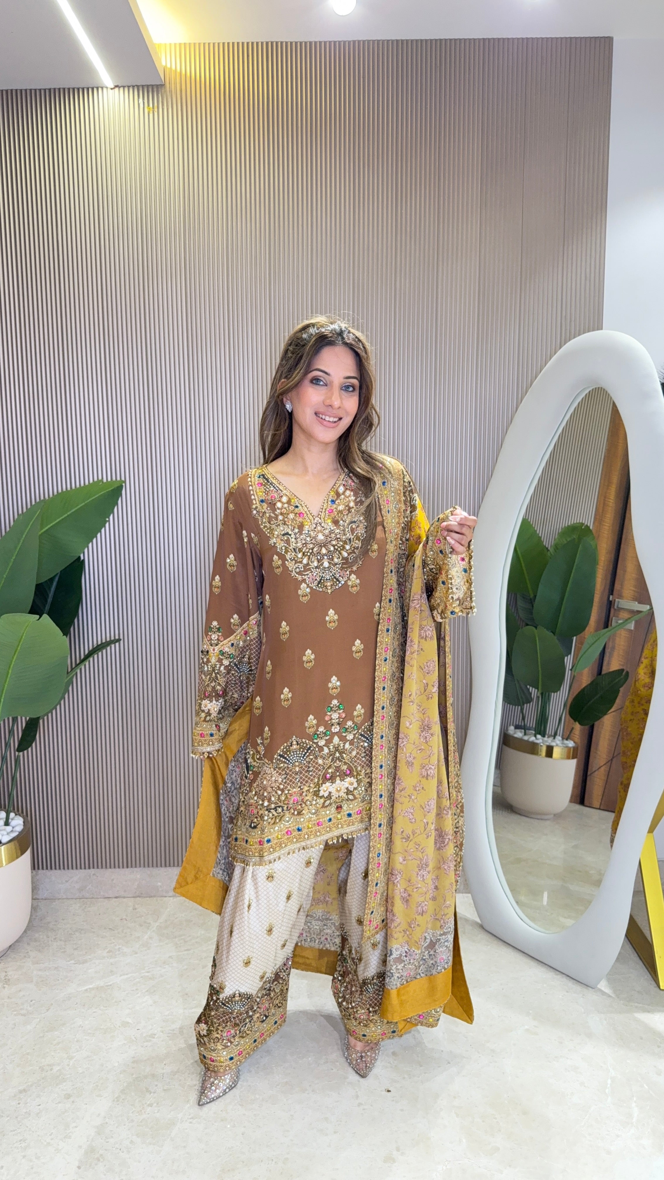 Rah Yellow - Brown Kurti with Farshi Salwar & Dupatta