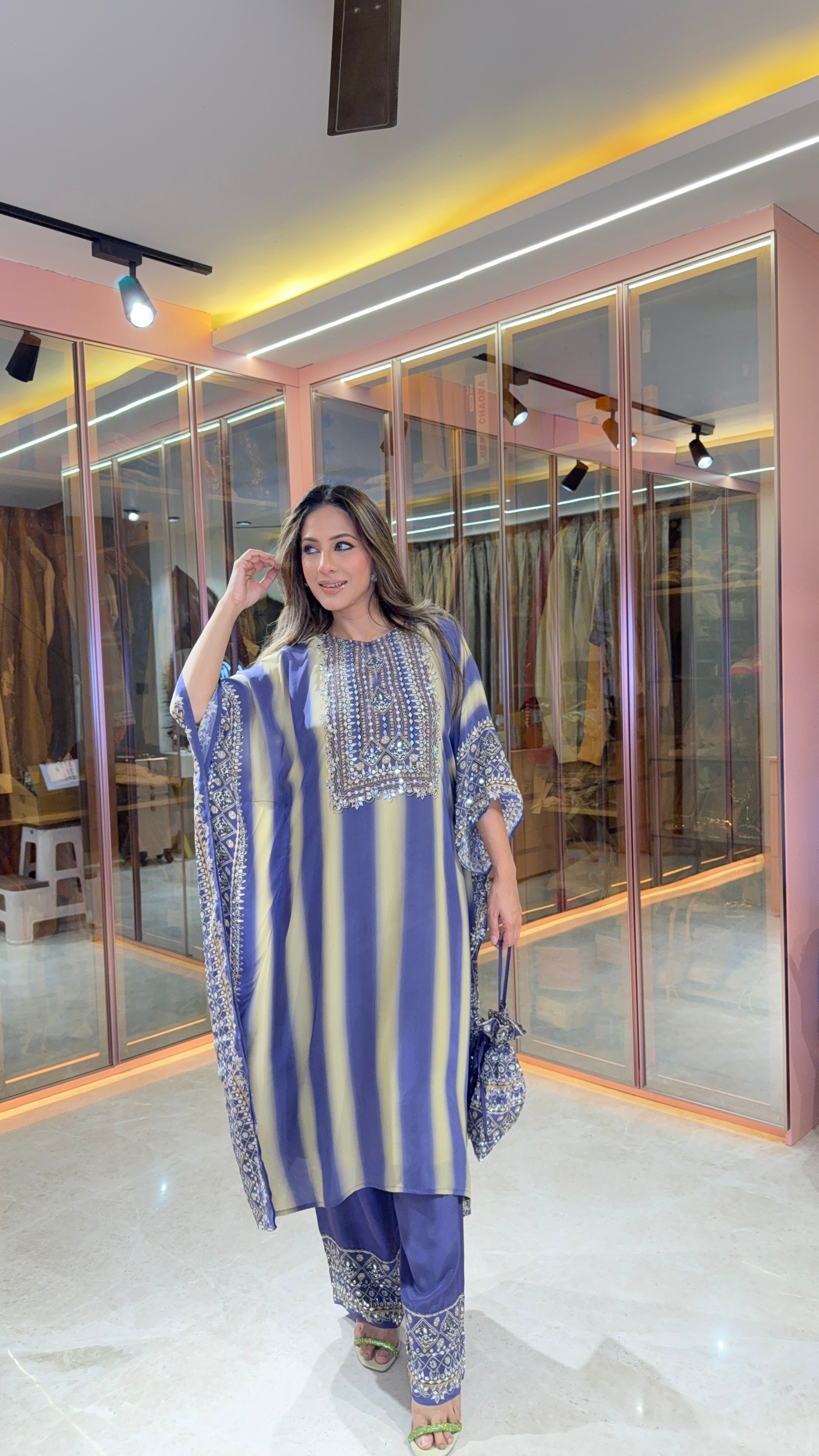 Aanchal Jain in Salma Sitara Black & Beige Kaftan Set